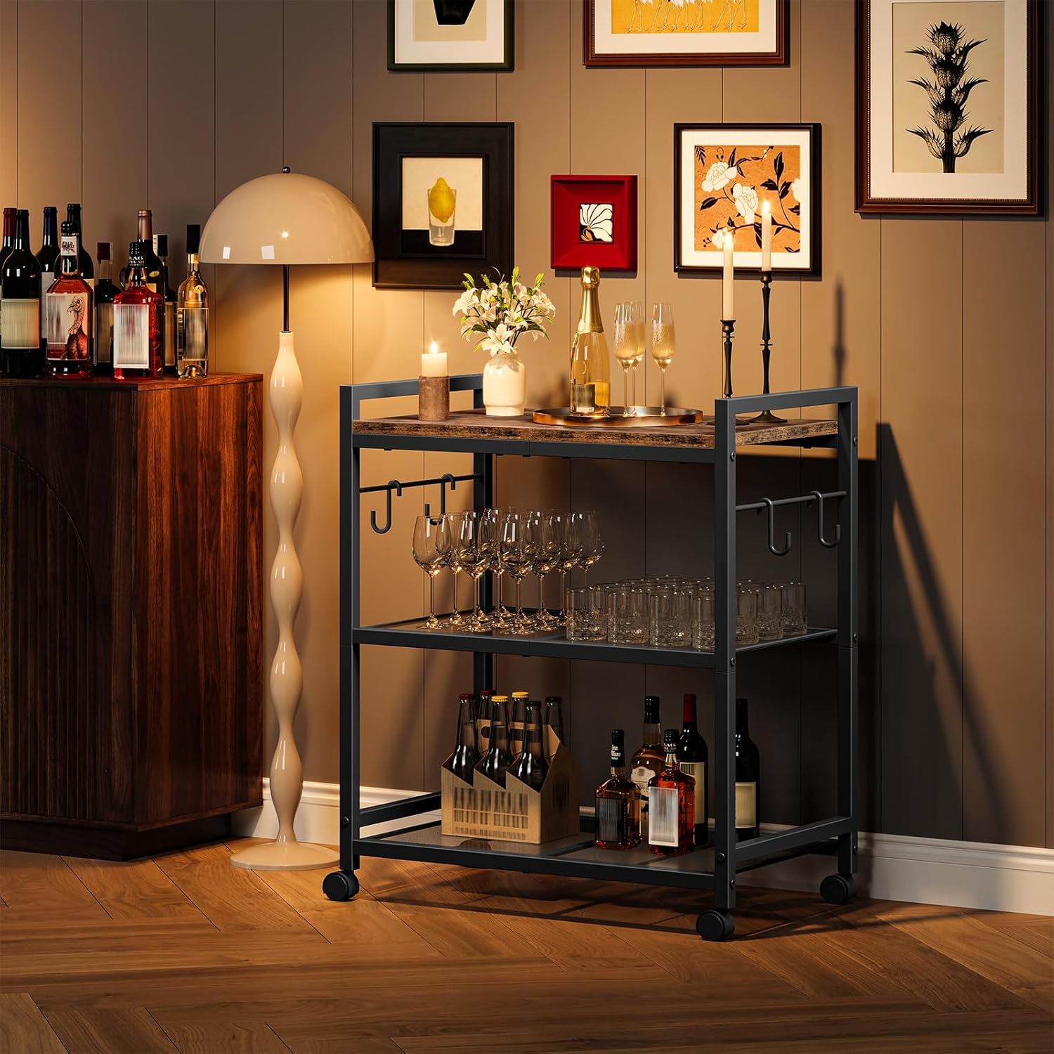 3-Tier Rolling Bar Cart, Vintage Metal Kitchen Cart with Wheels, Mobile Storage Shelf, Rolling Microwave Stand with Mesh Shelves for Home Bar, Kitchen, Rustic Brown and Black TTC06BF