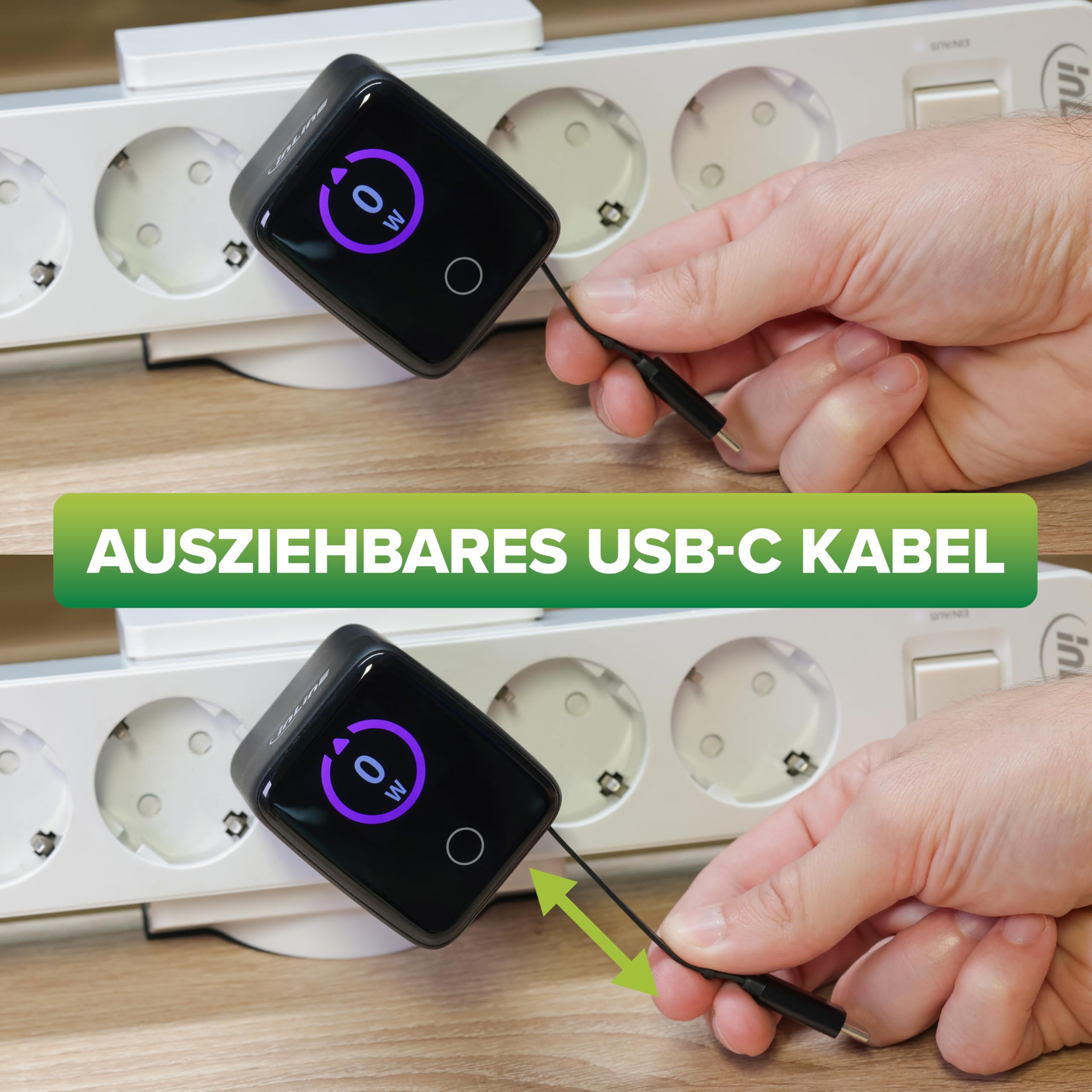 Inline Caricatore USB C & USB A 70 W, con cavo estraibile, alimentatore GaN con display, Power Delivery & Quick Charge, nero, 31507R