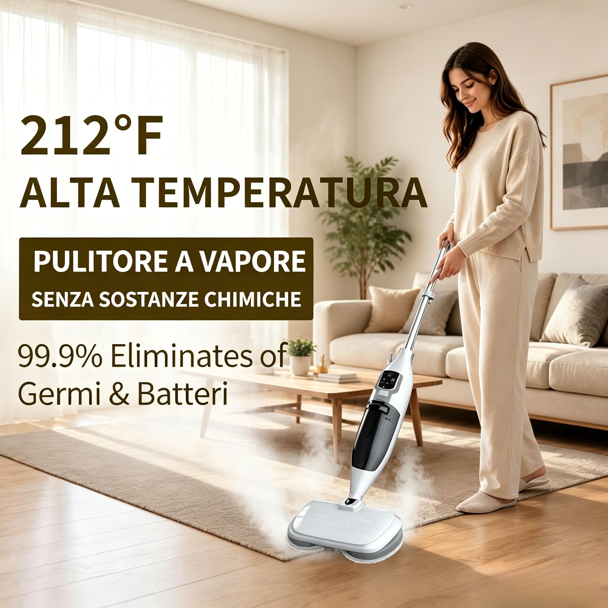 PUREBEAR Scopa a Vapore 2 in 1 con Pulitore a Vapore Portatile, 3 Livelli di Vapore Regolabili, 4 Panni di Ricambio, per Pavimenti, Piastrelle, Finestre, Vestiti e Fughe