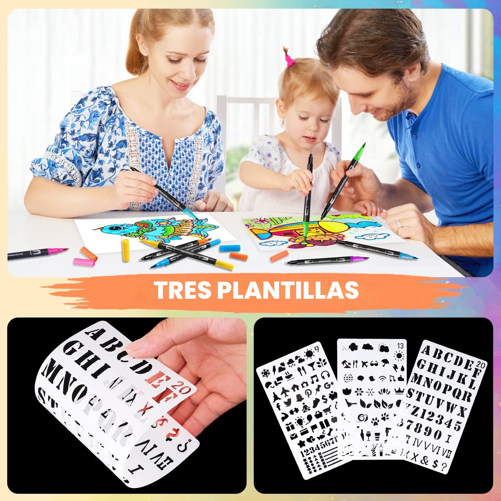 Kit Rotuladores Acuarelables 100 Colores, Doble Punta Pincel, para Niños y Adultos, para Lettering, Mandalas, Graffiti, Caligrafía - 3 Plantillas Incluidas