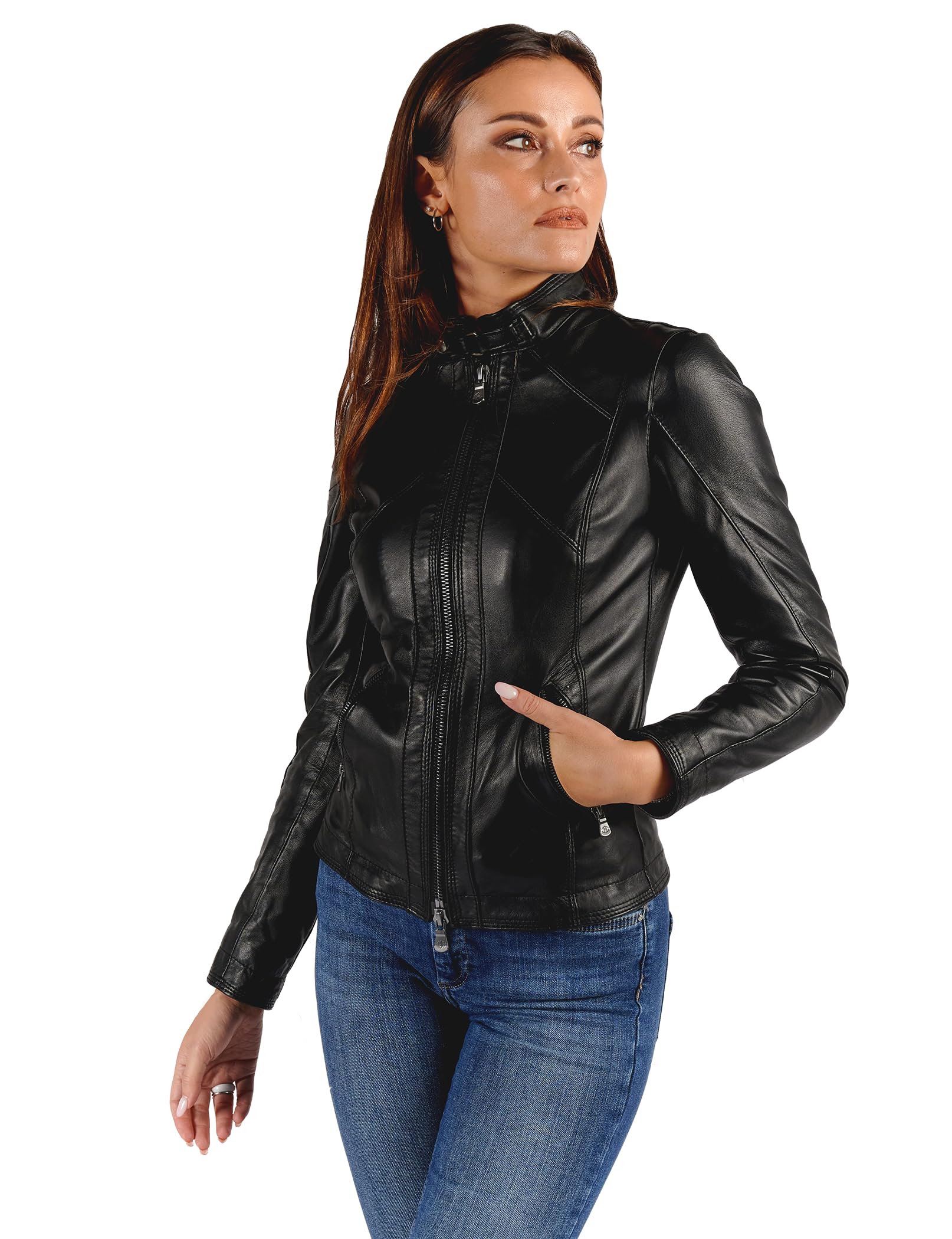 BARONE giubbotto pelle donna nera, giubbotto primaverile donna in vera pelle, giacca di pelle nera Made in Italy giacca moto SOFIA