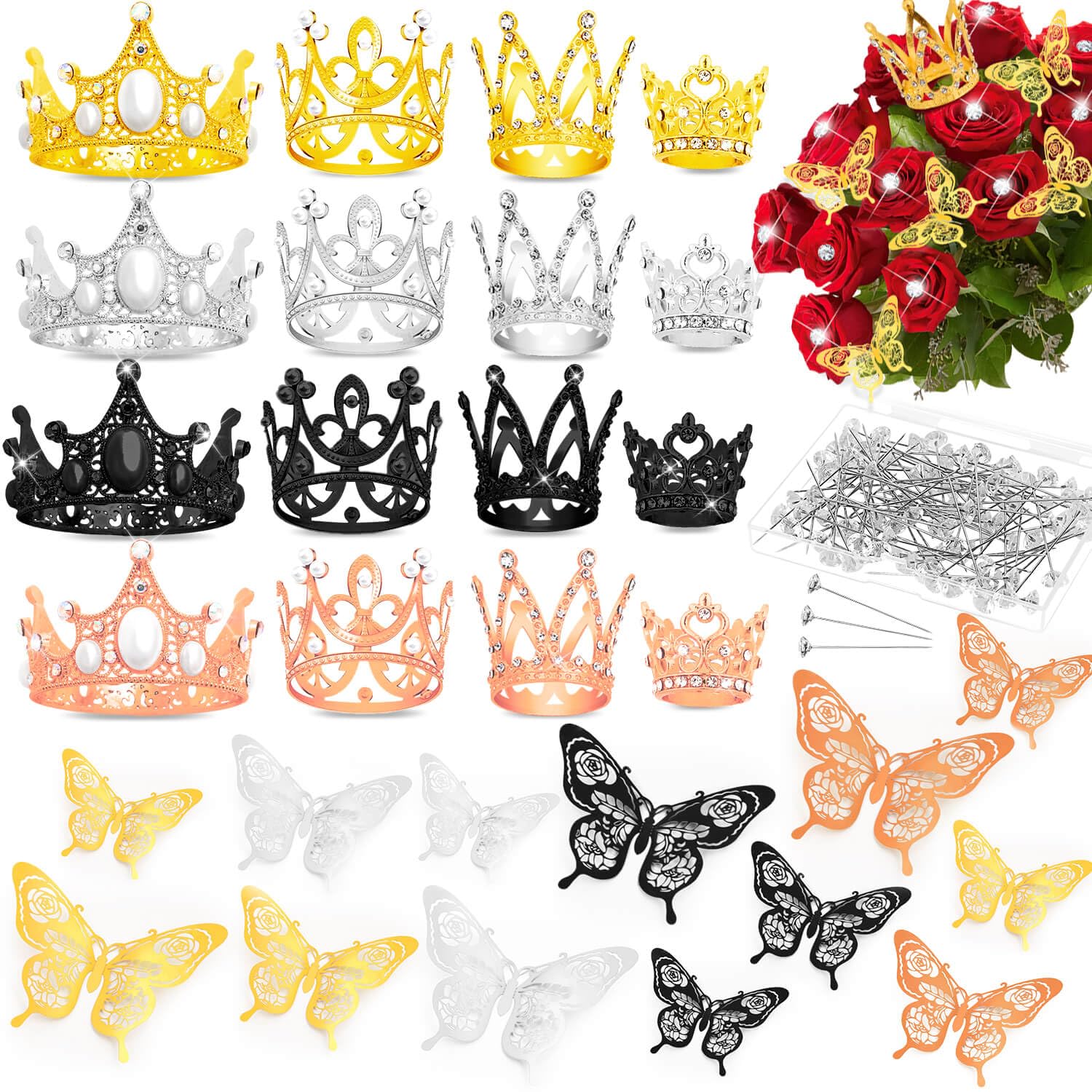 Tidponra Crowns for Flower Bouquets, 16 Pieces Mini Crowns with 48 Pieces Butterfly Decorations and 100 Pieces Diamond Pins for Flower Bouquets, Cake