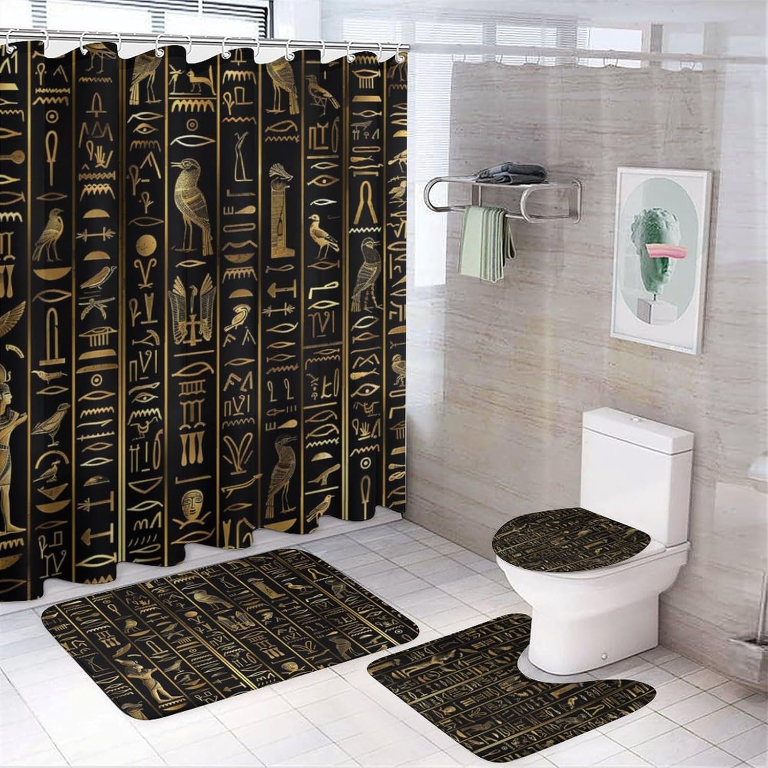 Brebasf Watercolor Egyptian Anubis Hieroglyphics 4 Pieces Shower Curtain Set,Abstract Pharaoh Bird Black Gold Temple Mystery Symbol Prints Non-Slip Rugs Toilet Lid Cover Bath Mat And Bathroom Curtain