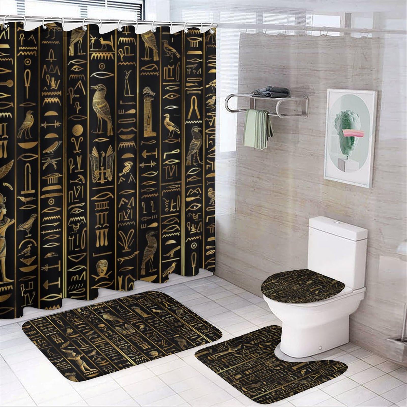 Brebasf Watercolor Egyptian Anubis Hieroglyphics 4 Pieces Shower Curtain Set,Abstract Pharaoh Bird Black Gold Temple Mystery Symbol Prints Non-Slip