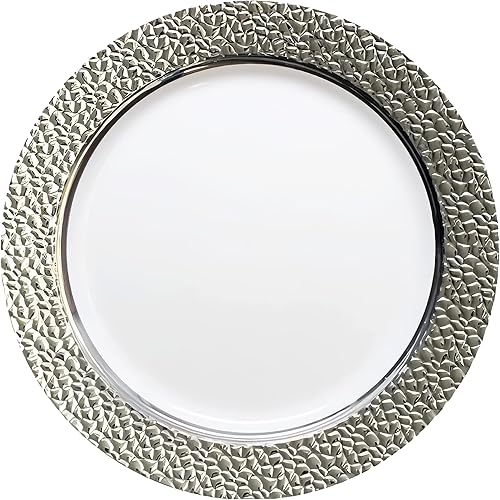 Miniatura 2 de Platos de plástico blancos con borde plateado, 10.25 pulgadas, colección martillada, paquete de 10