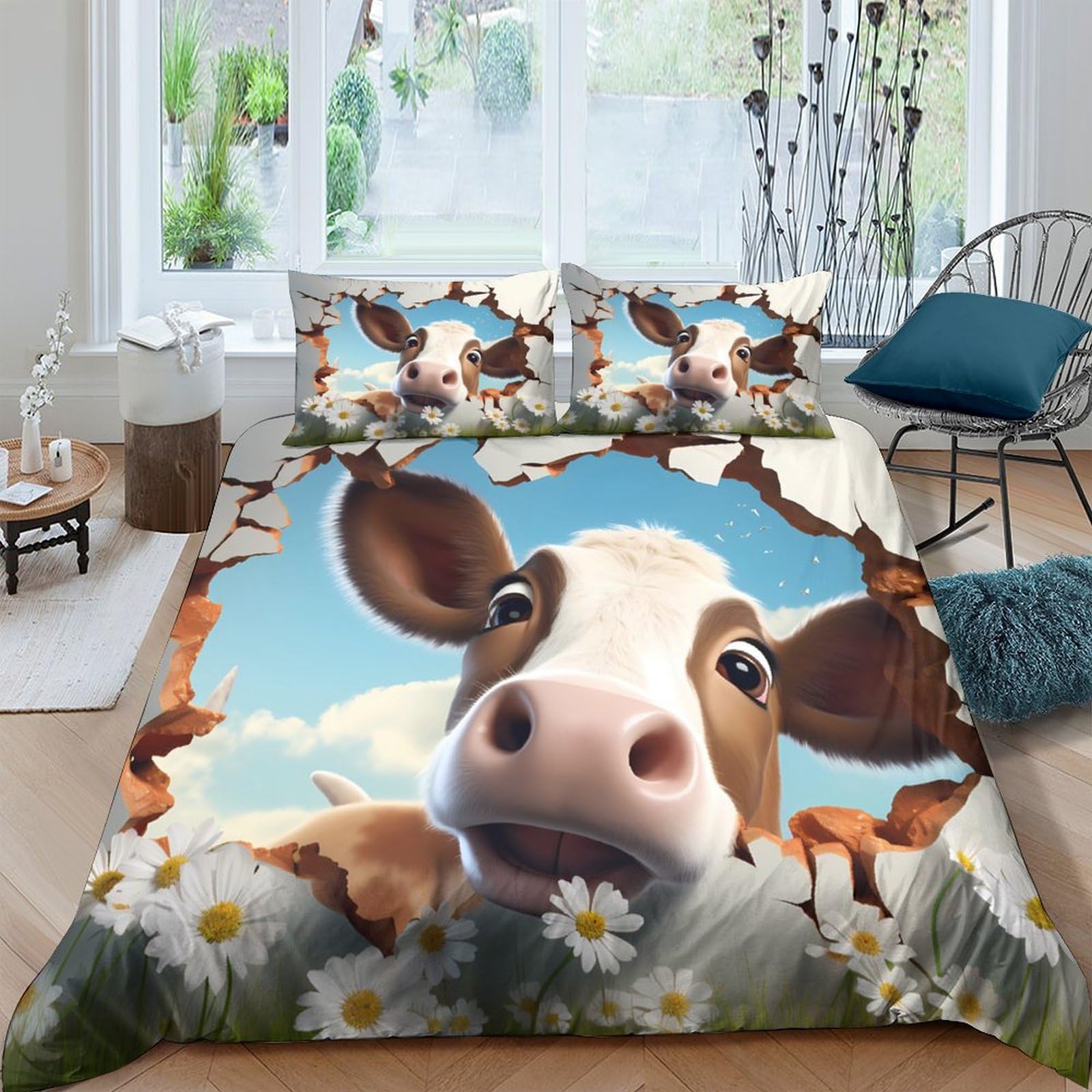 Ctjqhvkz Style-1 3D Printed Cartoon Cow Fitted Sheet Microfiber Soft Breathable Pastoral Meadow Mattress Cover Bedroom Decor Single（135X200cm）
