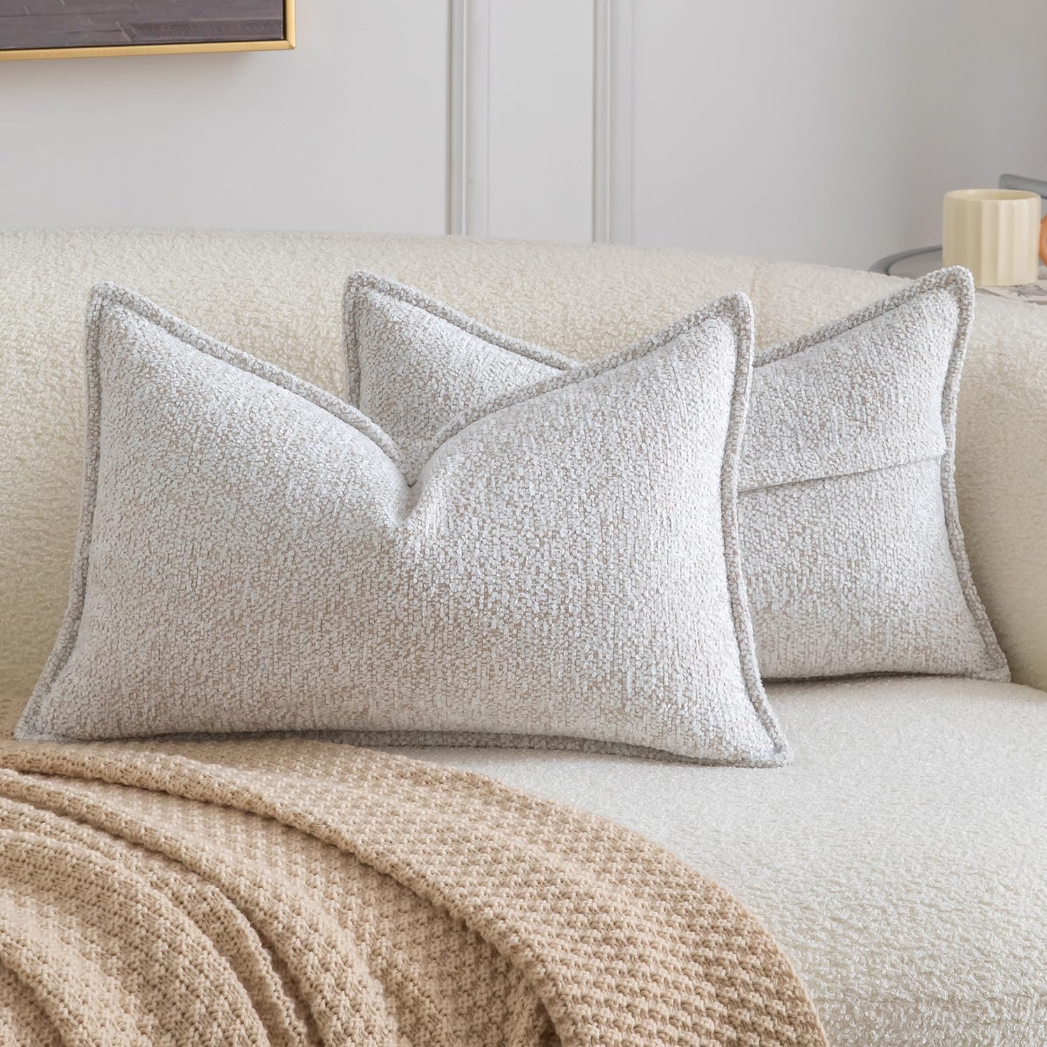 Madizz Pack of 2 Decorative Cushion Covers Boho Soft Textured Chenille Throw Pillows Solid Pillow Covers for Couch Sofa Bedroom Living Room 30x50 CM, Cream White