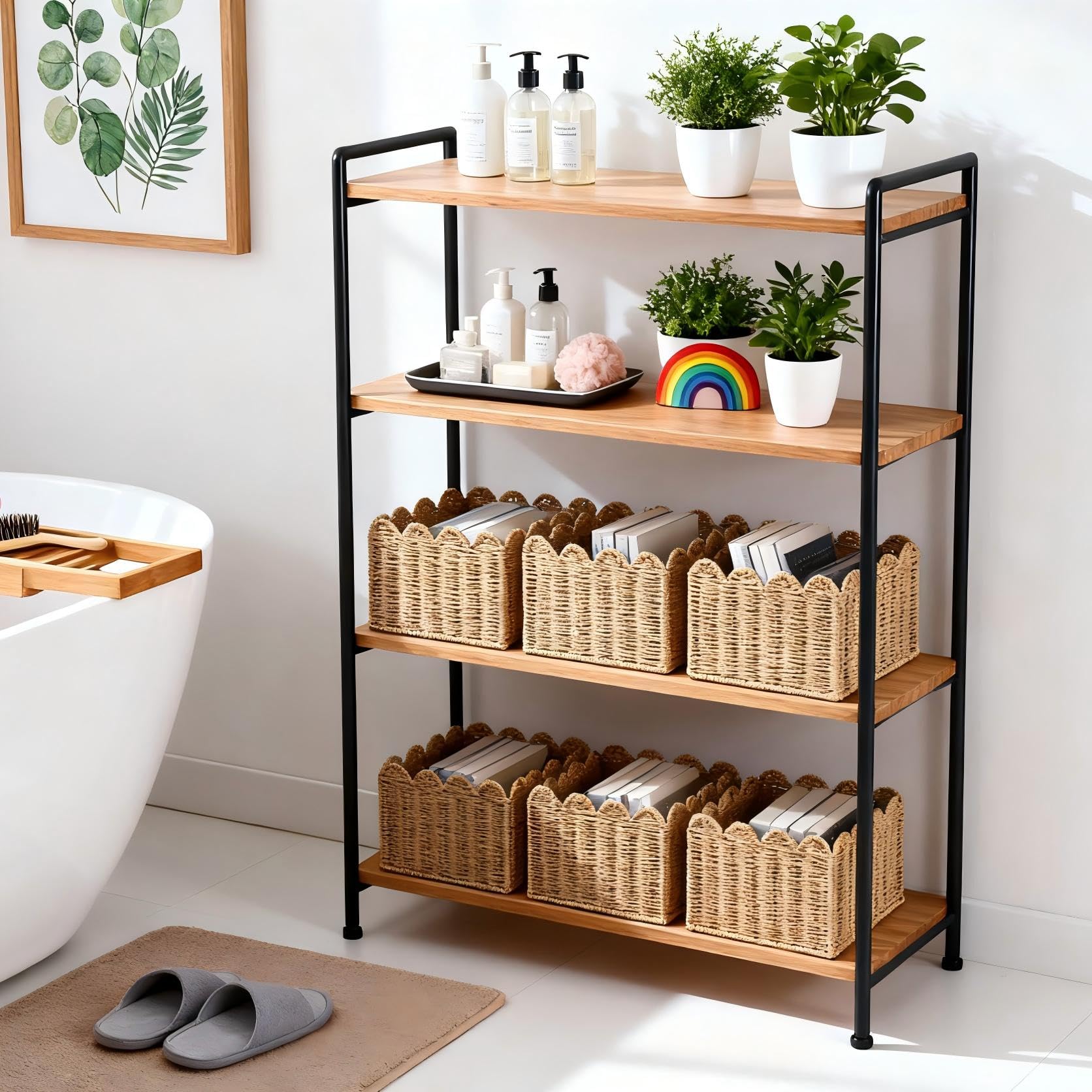 Cestino con bordo smerlato, cesti portaoggetti in vimini, cestini intrecciati a mano per scaffali, cestini naturali per organizzare (S-24,1 cm L x 24,1 cm W x 14 cm H)