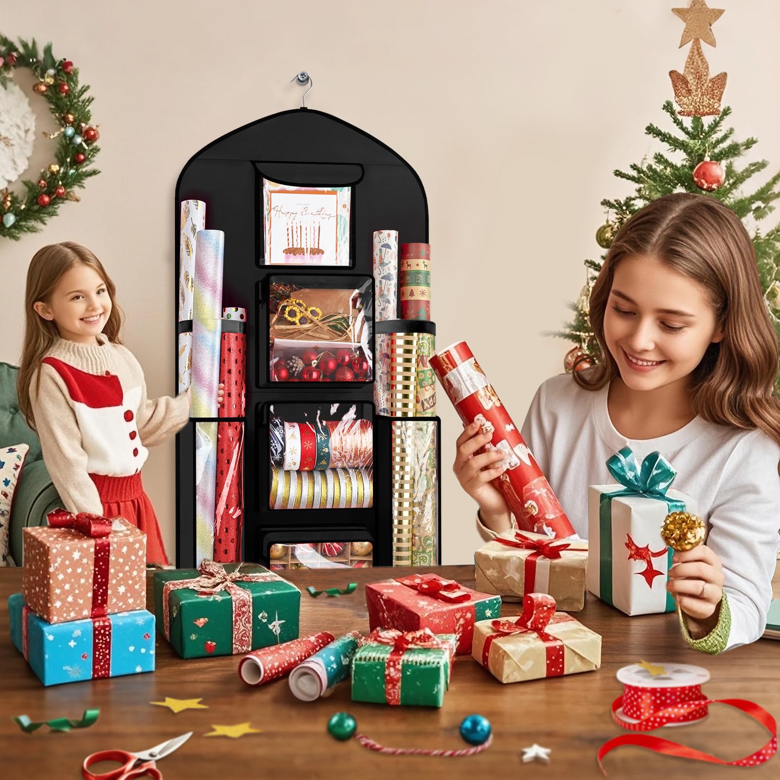 Geschenkpapier-Aufbewahrung, zum Aufhängen, 120 x 60 cm (extra groß), schwarz, doppelseitig, Weihnachtsverpackungsbehälter, Oxford Langer Bastelrollen-Organizer, Geschenkpapierhalter für schlafzimmer