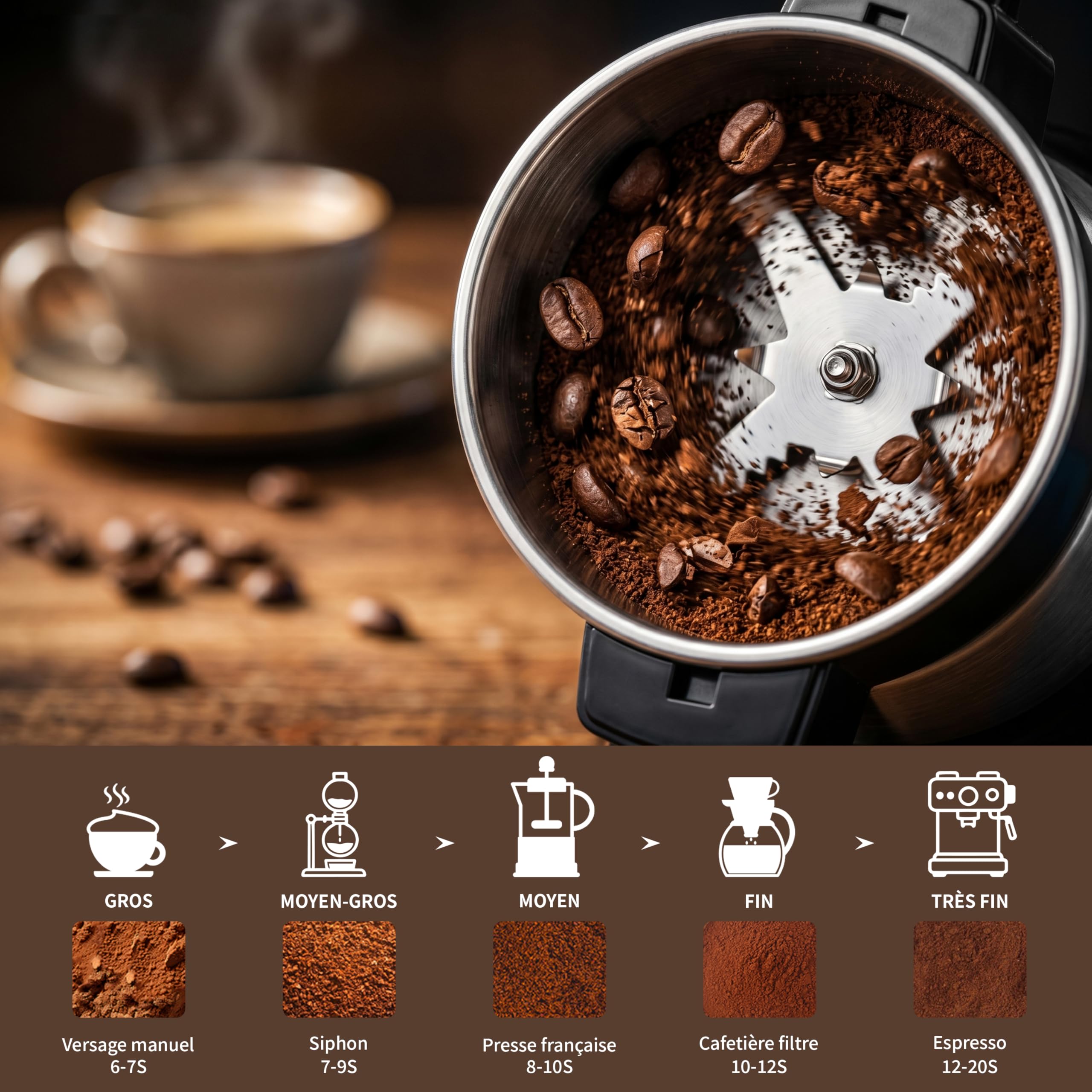 Moulin à café électrique multifonction 400W, Moulin a Graines avec Lames en Acier Inoxydable Coffee，broyage rapide et uniforme，Macinacaffè Pour café, épices et autres aliments (argenté-X60)