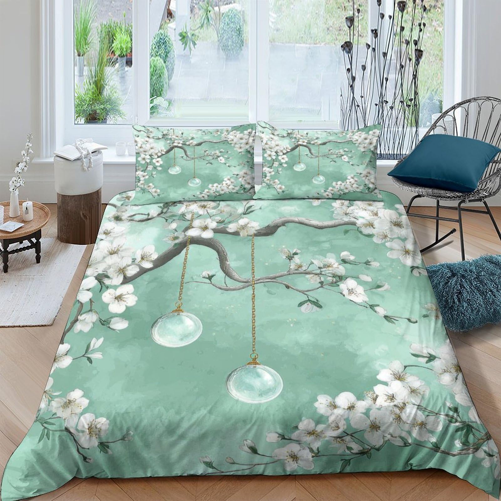 GPLZQXKJNH 3D Printed Sakura Blossom Duvet Cover Microfiber Green Artful Wind Chime Bedding Set with 2 Pillowcases for Bedroom Single（135x200cm）