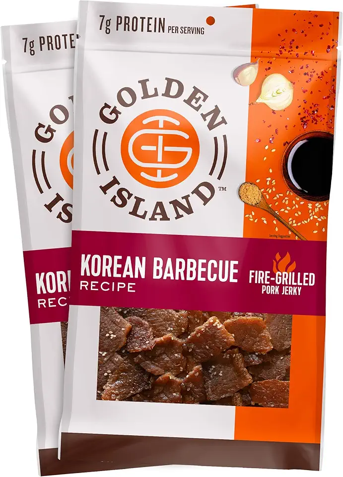 Golden Island Pork Jerky Korean BBQ Flavored, Specialty Meat Snack, Gluten Free with Korean Barbecue Seasoning, Bite Sized Sweet and Savory Protein Snack, 7g of Protein Per Serving, 9 Oz (2 Pack)