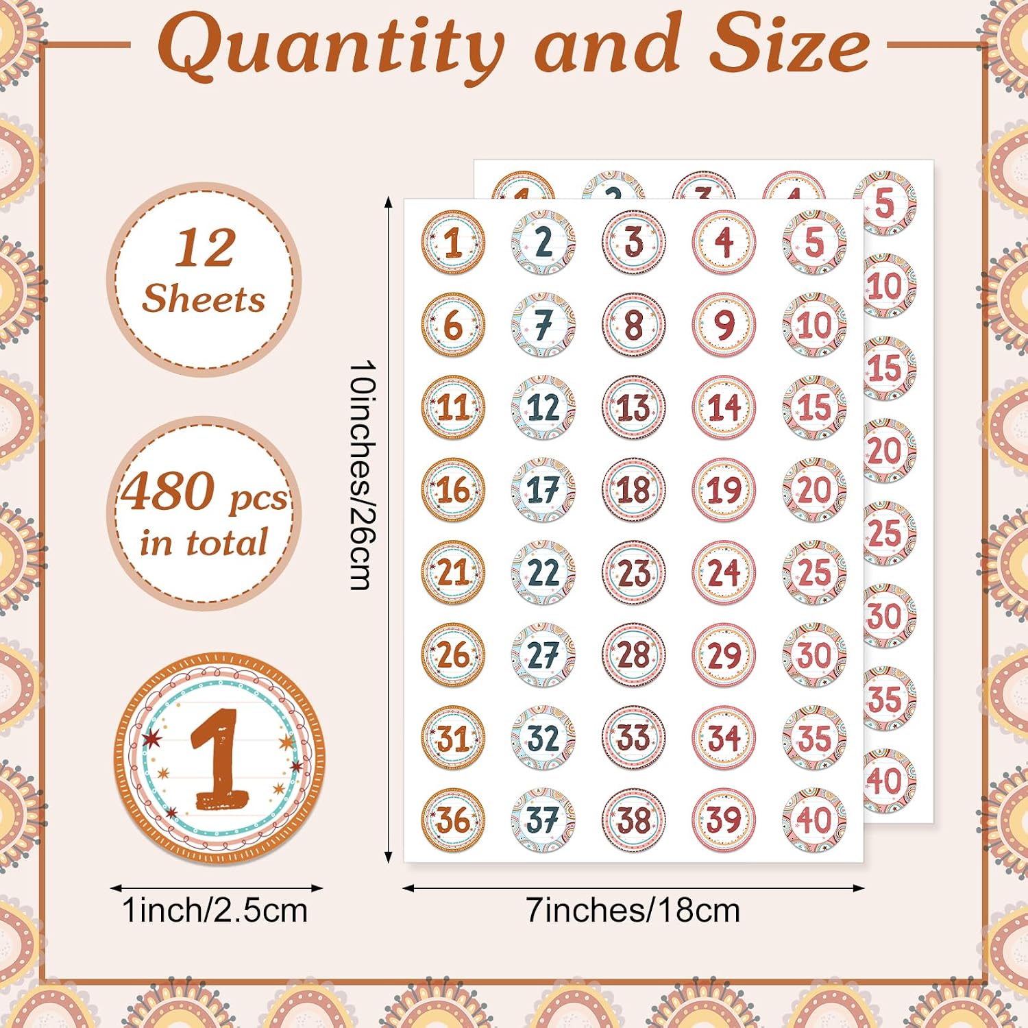 Pasimy 12 Sheets Numbers Stickers for Classroom 1-40 Number, Boho image 2