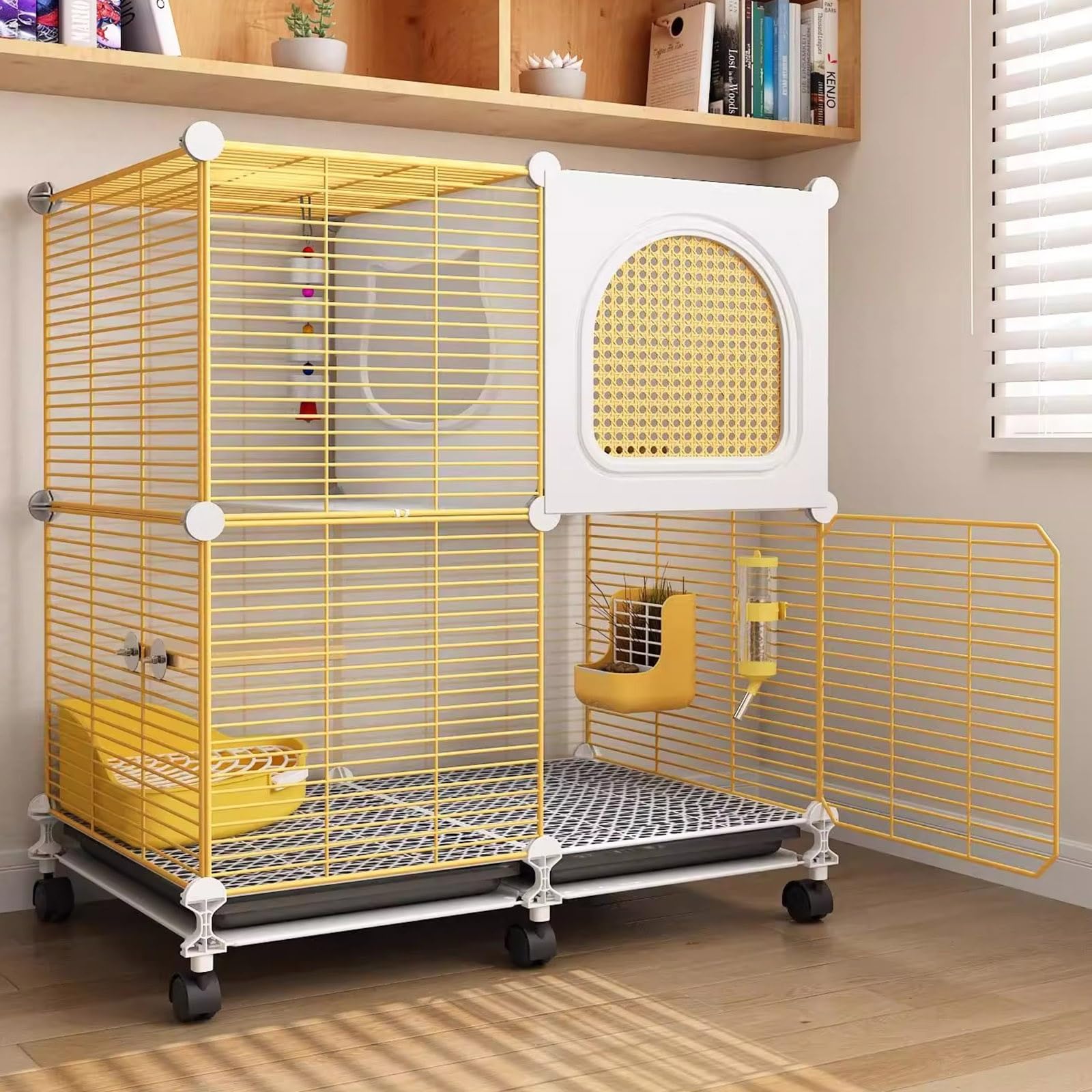 Gabbia per conigli e furetti, con ruote, per interni ed esterni, box per piccoli animali, spaziatura durevole, porte anteriori, bottiglia d'acqua, nido di erba
