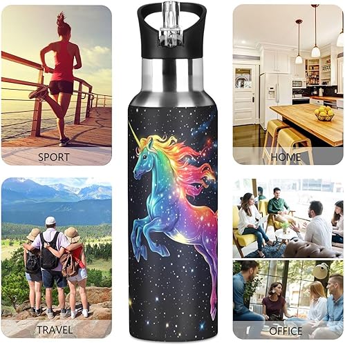 Vista 5 de Kcldeci Unicorn Rainbow Galaxy - Botella de agua deportiva de 20 onzas, tapa de pajilla, a prueba de fugas, aislamiento al vacío, botellas de agua