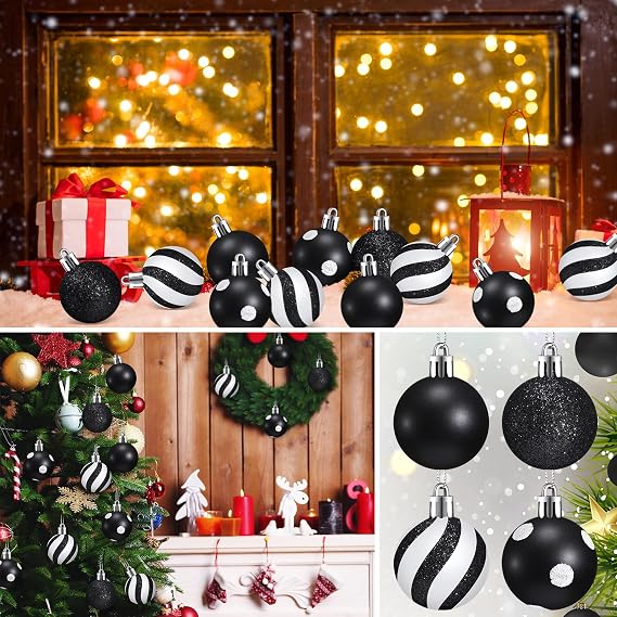 24 Pcs Christmas Ball Ornaments Black and White Hanging Glitter Shatterproof Mini Balls Plastic Christmas Tree Plastic Stripe Dot Ball Decorations for Holiday Party Decor, 1.57 Inch
