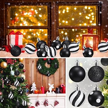 24 Pcs Christmas Ball Ornaments Black and White Hanging Glitter Shatterproof Mini Balls Plastic Christmas Tree Plastic Stripe Dot Ball Decorations for Holiday Party Decor, 1.57 Inch