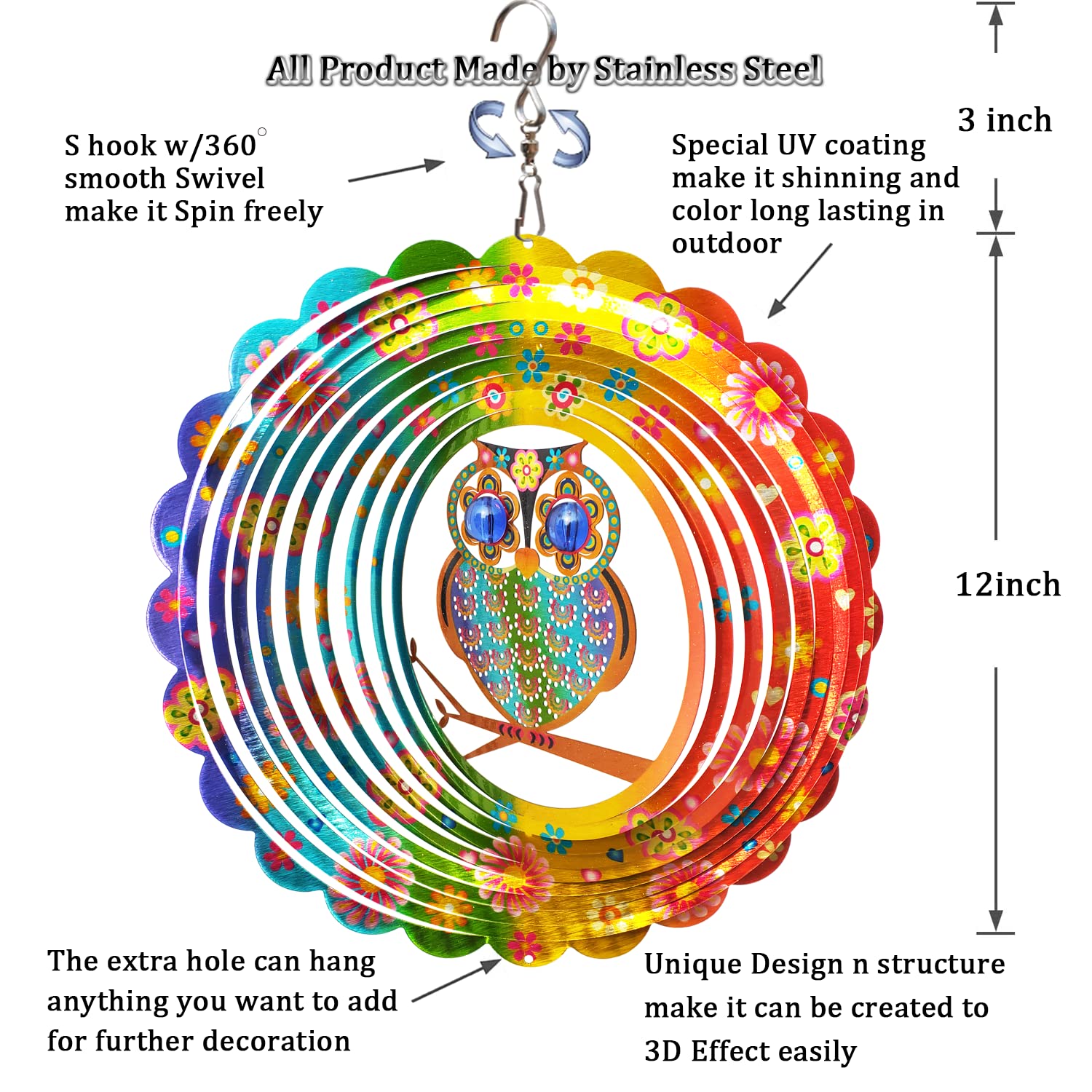 FONMY Wind Spinner Mandala Owl 12 Inch 3D Stainless