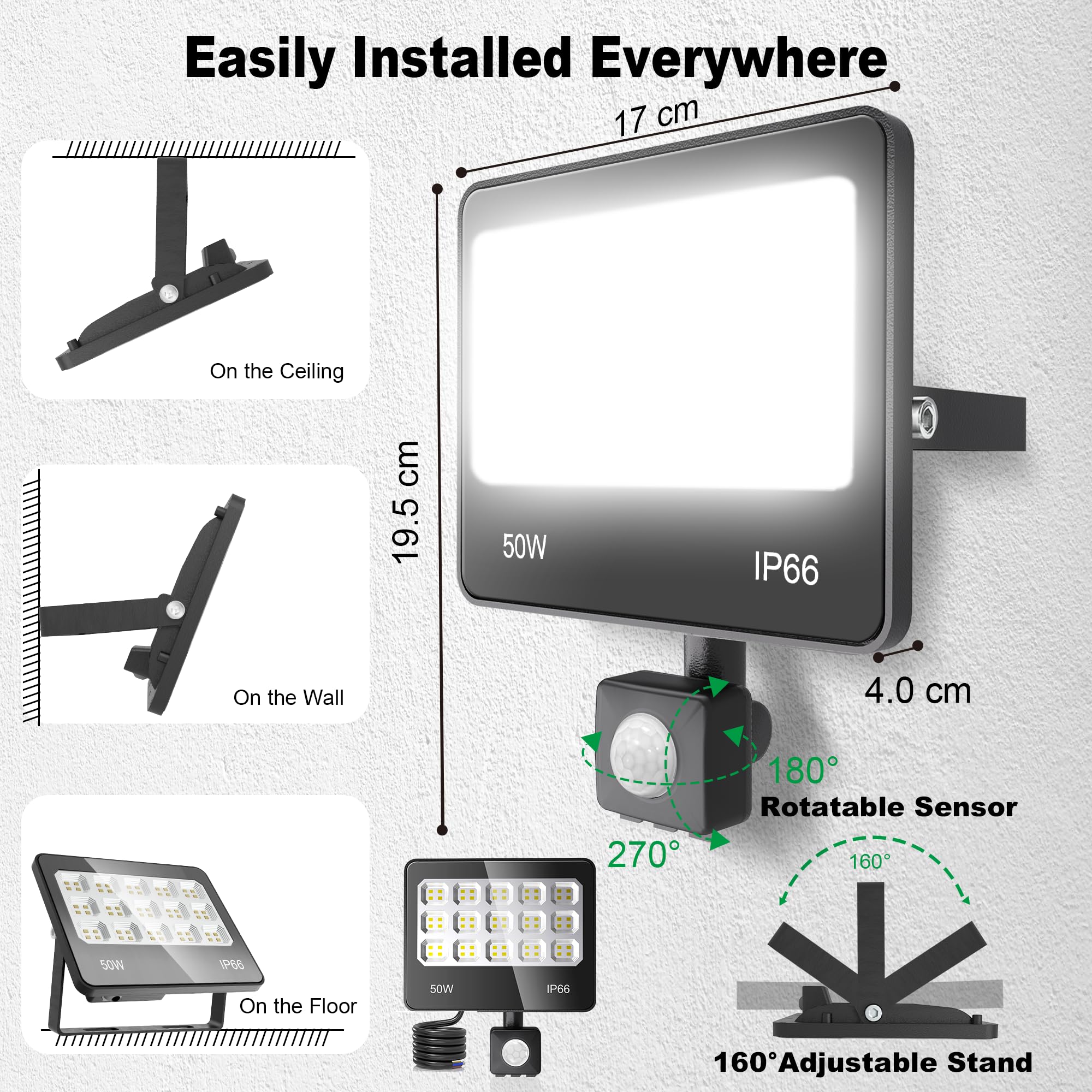 Faretto Led da Esterno con Sensore di Movimento, 2 Pezzi 50W 5000LM Faro Led Esterno 6500K Bianca Fredda, IP66 Impermeabile Faretto con Sensore di Movimento per Garage Giardino Terrazza