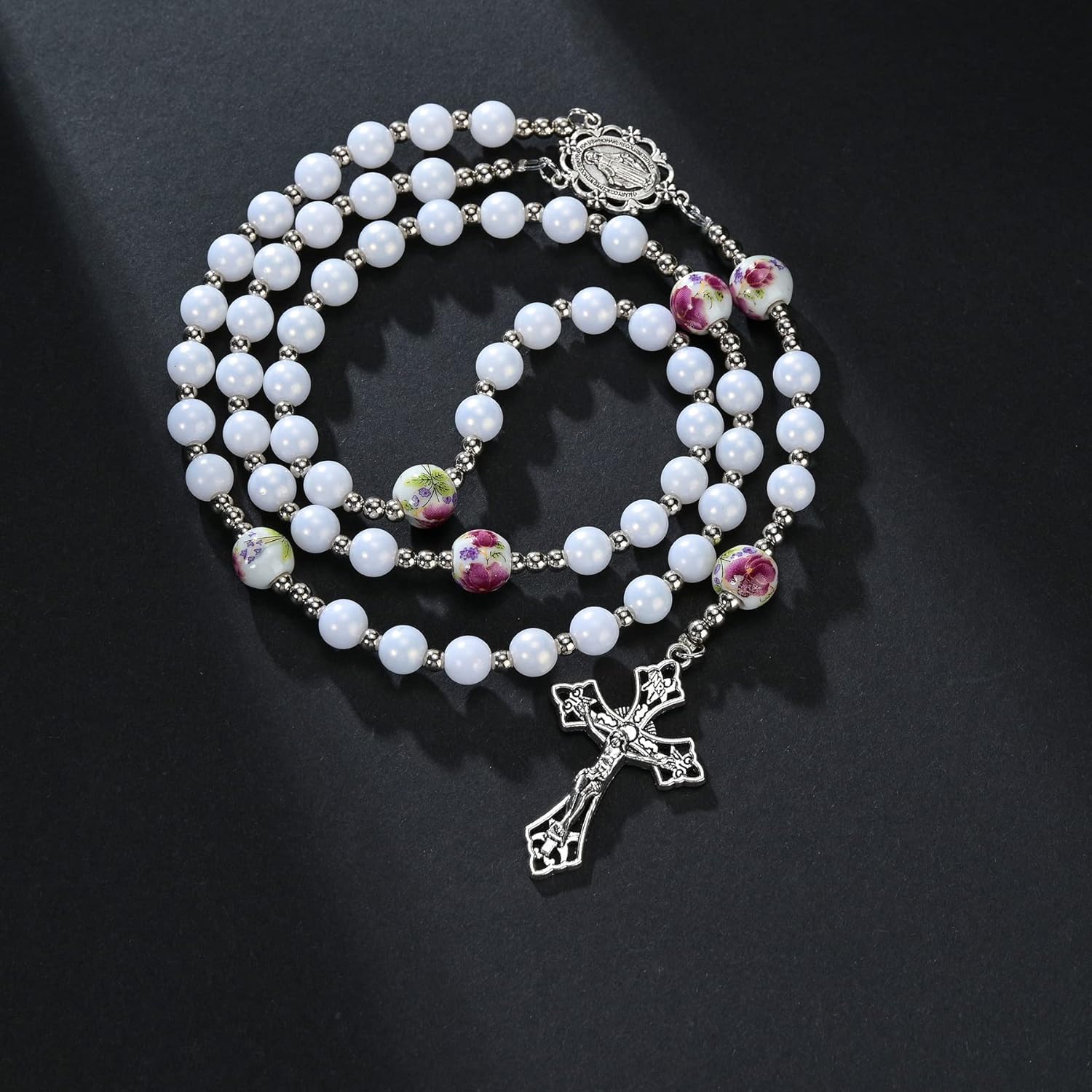 8mm Purple Pearl Beads Catholic Rosary Glass Beaded Acrylic String Necklace White Ceramics Bead Rosary Miraculous Medal Crucifix Cross Gift for Women Girls - Image 5