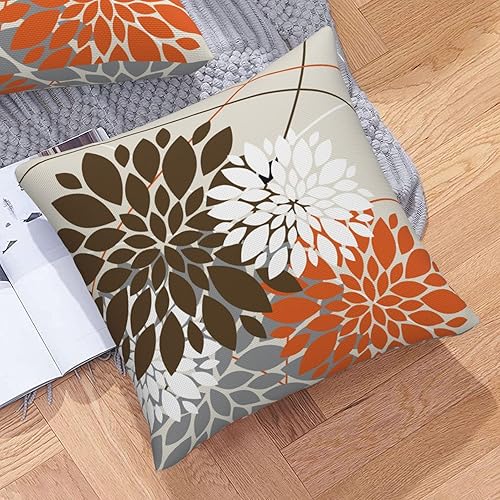 Miniatura 2 de Juego de 2 fundas de almohada florales de dalia marrón y naranja gris de 18 x 18 pulgadas, para exteriores, modernas, café, blanco, gris, flores,