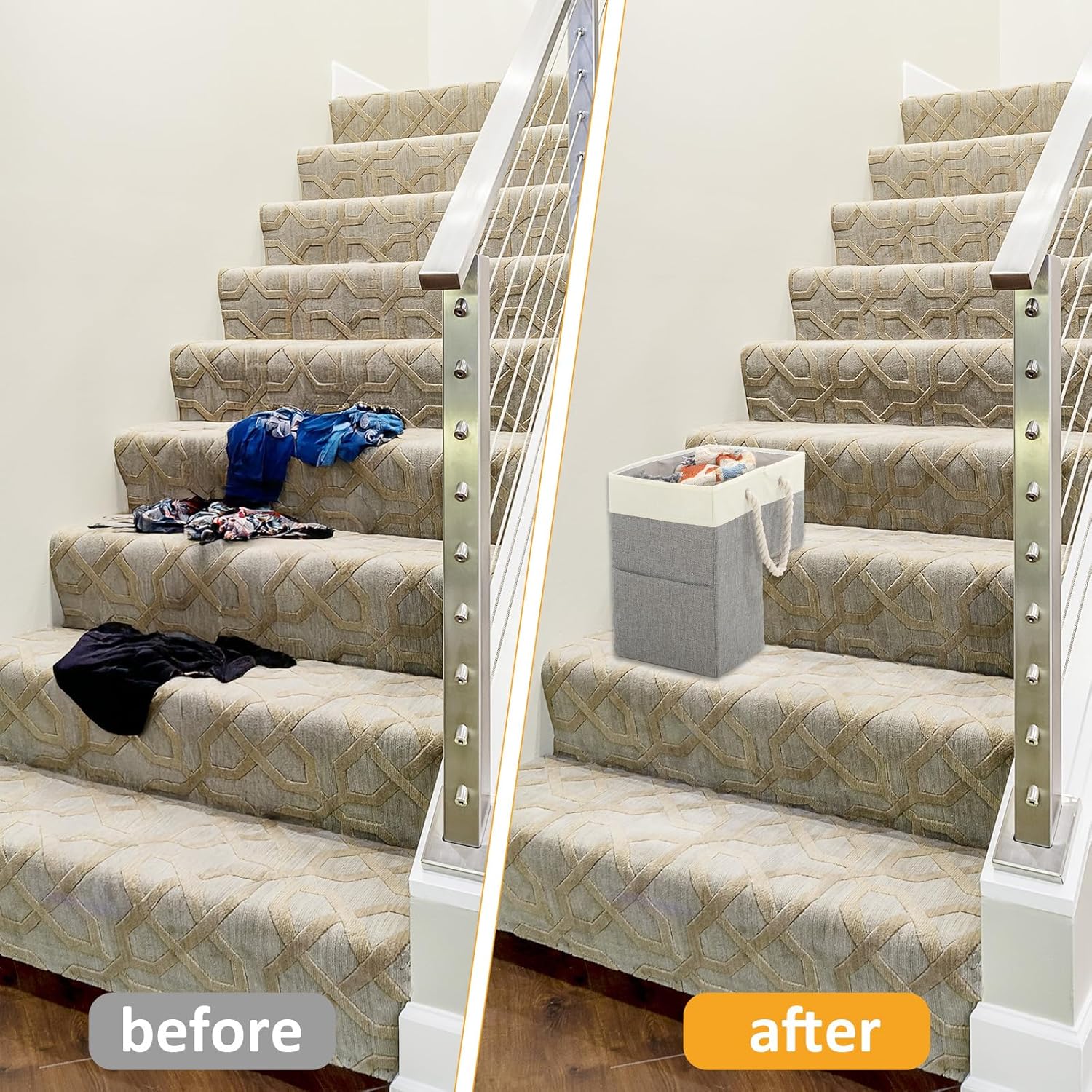 Stair Basket for Stairs with Handle, Staircase Baskets for Carpeted and Wooden Stair,16" Step Storage Laundry basket for Stairs, Toys, Clothes, Books, Tools, Magazine, with Hard Board, Anti-slip