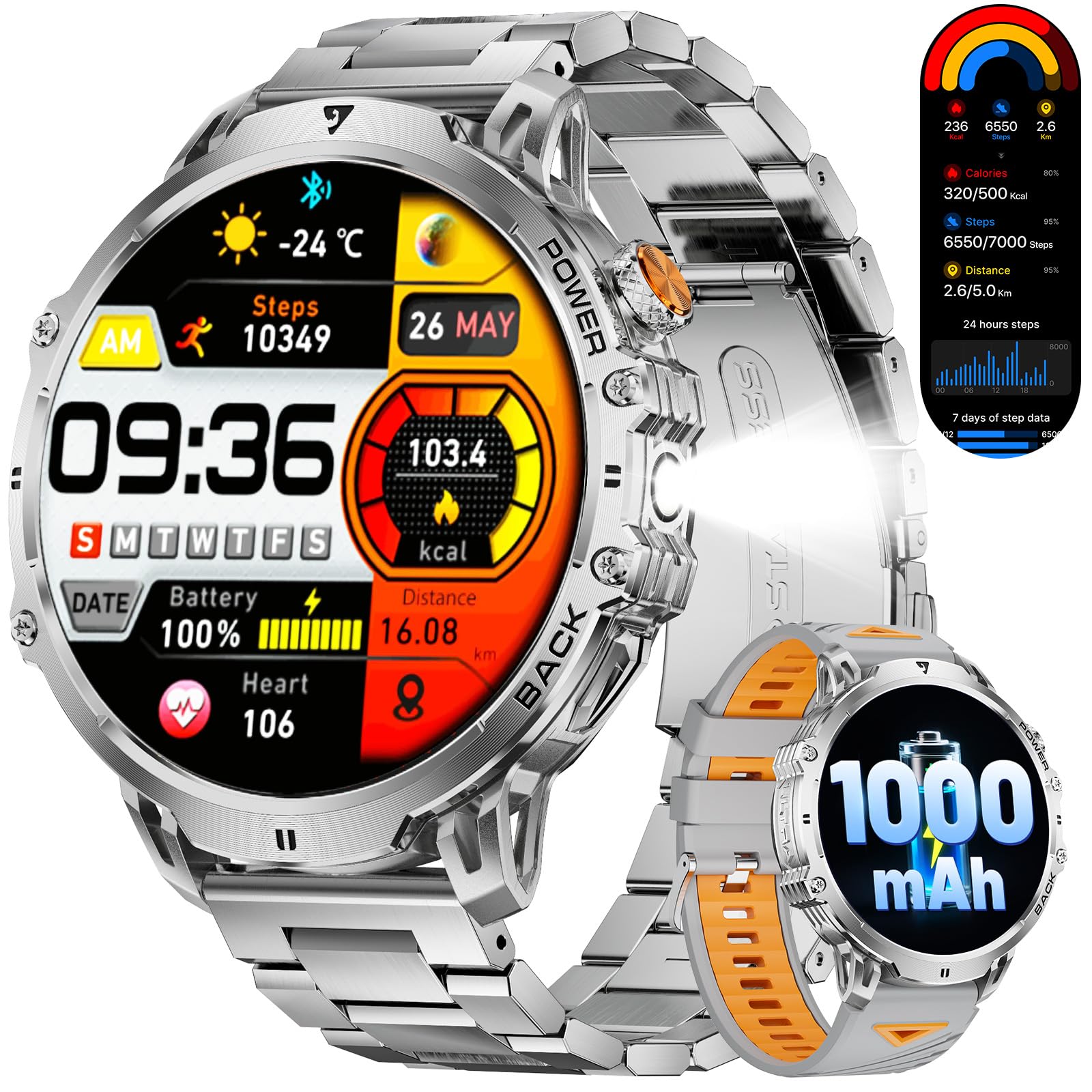 LIGE Militär Smartwatch Herren - 1000 mAh/1,85" HD Großes Touchscreen/LED-Licht, Fitnessuhr mit 110+ Sportmodi, Herz-/Schlaftracking,2 Armbändern,IP68 wasserdicht, Sportuhr für iOS/Android, Silbernes