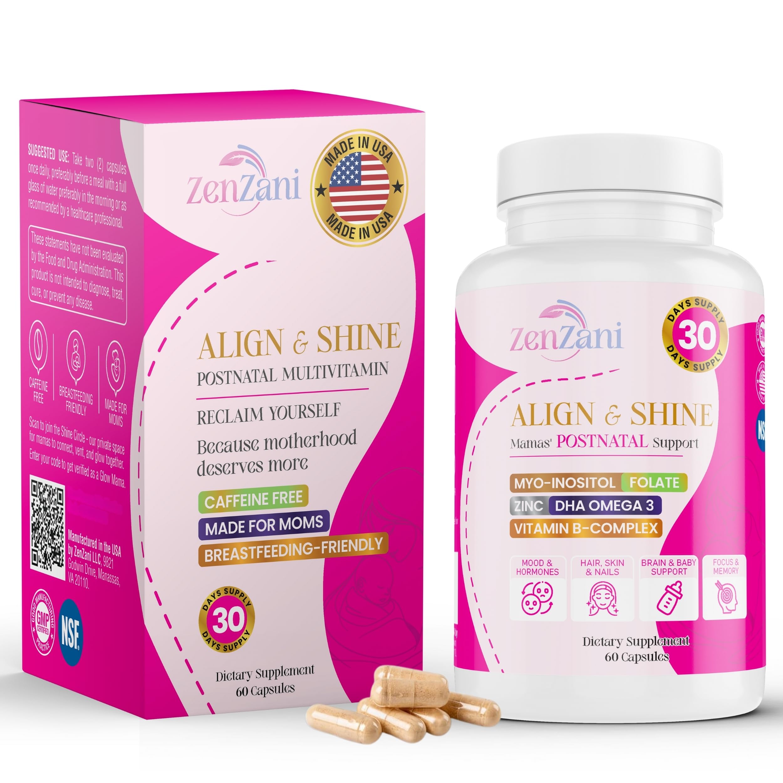 Zenzani vitaminas pós-natais com DHA, ferro, folato, vitamina B12 e mio-inositol 600 mg, biotina 1.000 mcg, 60 cápsulas
