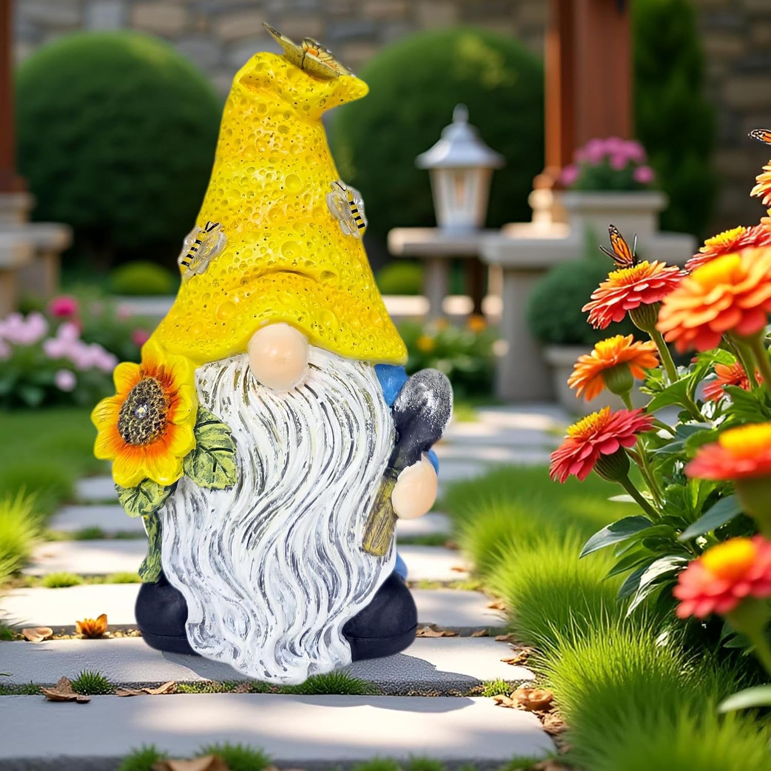 Garden Gnomes Outdoor Decor Solar Gnomes Statues with Butterfly Bee Sunflower Led Lighted Dwarf Outside Decorations for Yard Patio Lawn Ornaments Gifts for Women Mom - Image 2