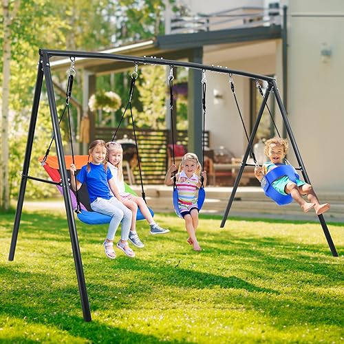 Miniatura 7 de Hapfan Juegos de columpios para patio trasero con columpio para niños pequeños, columpio de cinturón, columpio de plataforma, juego de columpios al