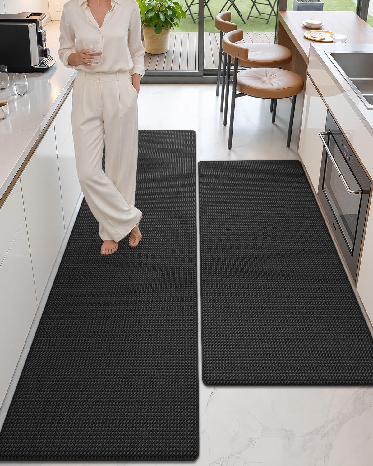 Color&amp;Geometry Wide Kitchen Floor Mat 24x59+24x87 Anti Fatigue 2PCs, Black