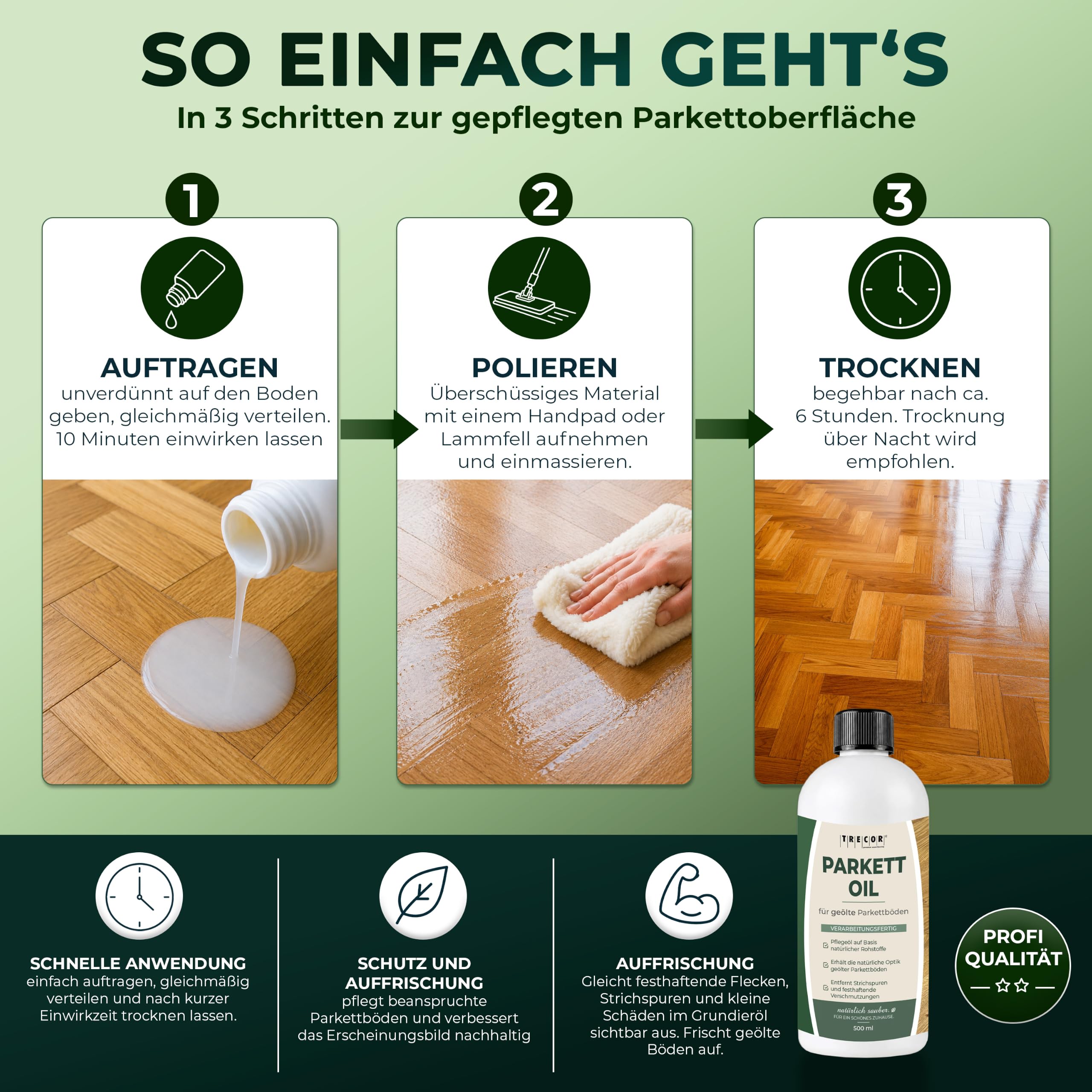 Producto de mantenimiento TRECOR para suelos de parqué aceitados, protege contra el desgaste y la humedad, sin disolventes (1000 ml, producto de mantenimiento para suelos de parqué aceitados)