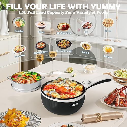 Miniatura 5 de DEZIN Olla eléctrica mejorada, sartén antiadherente, olla eléctrica de fideos rápidos, mini olla caliente portátil de 1.5 litros para carne, huevo,