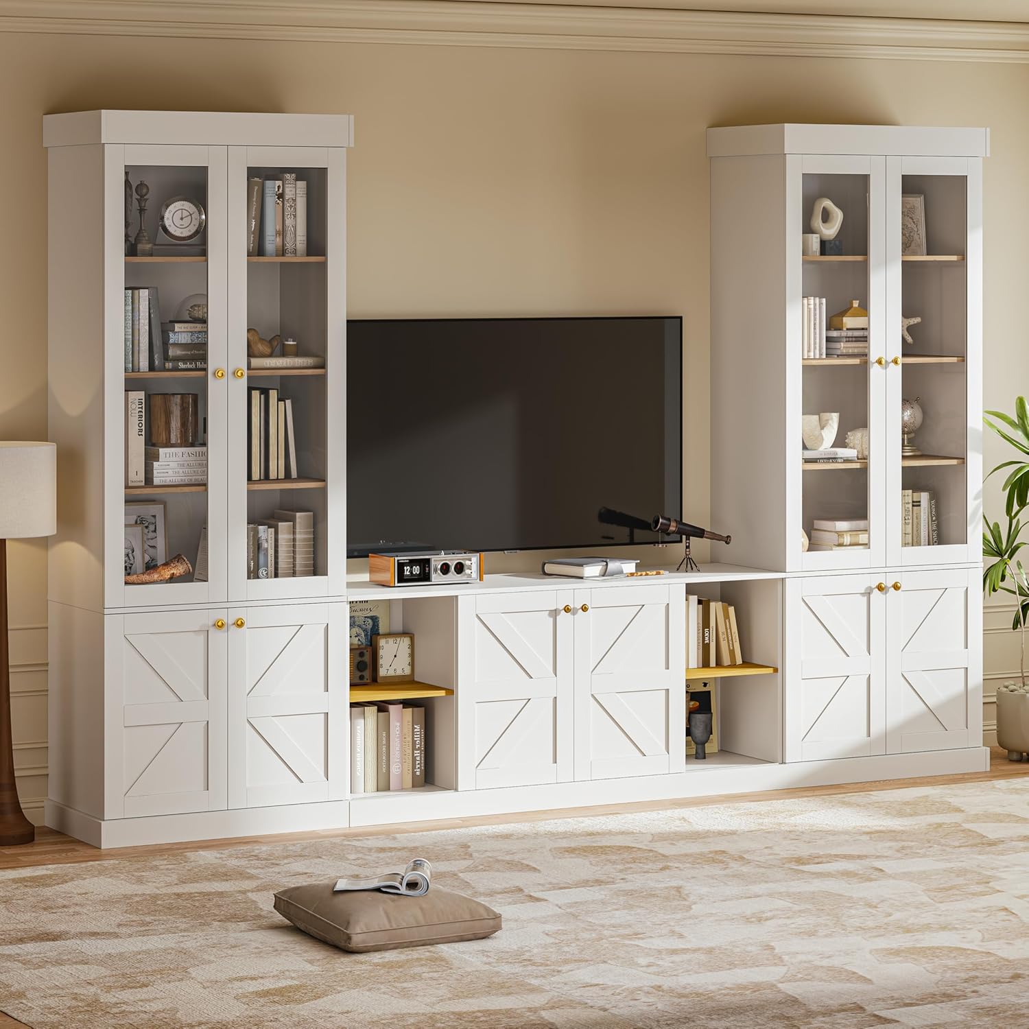 3-Piece Farmhouse Entertainment Center Set with Sliding & Glass Doors, Includes 61.8" TV Console and 71" Tall Bookcases, Adjustable Shelves, White Living Room Furniture