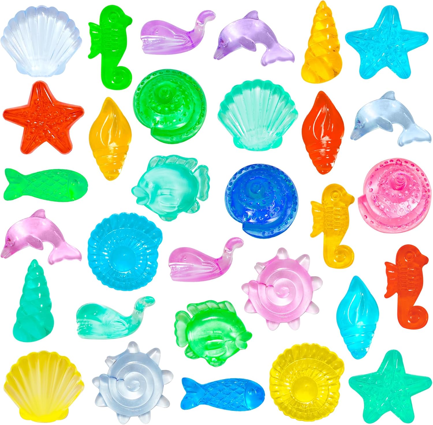 QEQEKAKA 100pcs Ocean Sensory Bin Kit – Plastic Seashells Acrylic Gems for Diving Toys, Vase Filler Decor, Mermaid Pool Toy Treasure Hunt (0.5″-1.3″ Fake Beach Shells)