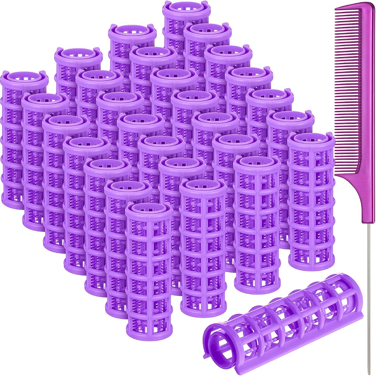 28 Pieces Hair Roller, 0.6 Inch Small Size Plastic Hair Rollers Hair Curlers with Steel Pintail Rat Tail Comb for Short Long Hair Styling Tools (Purple)