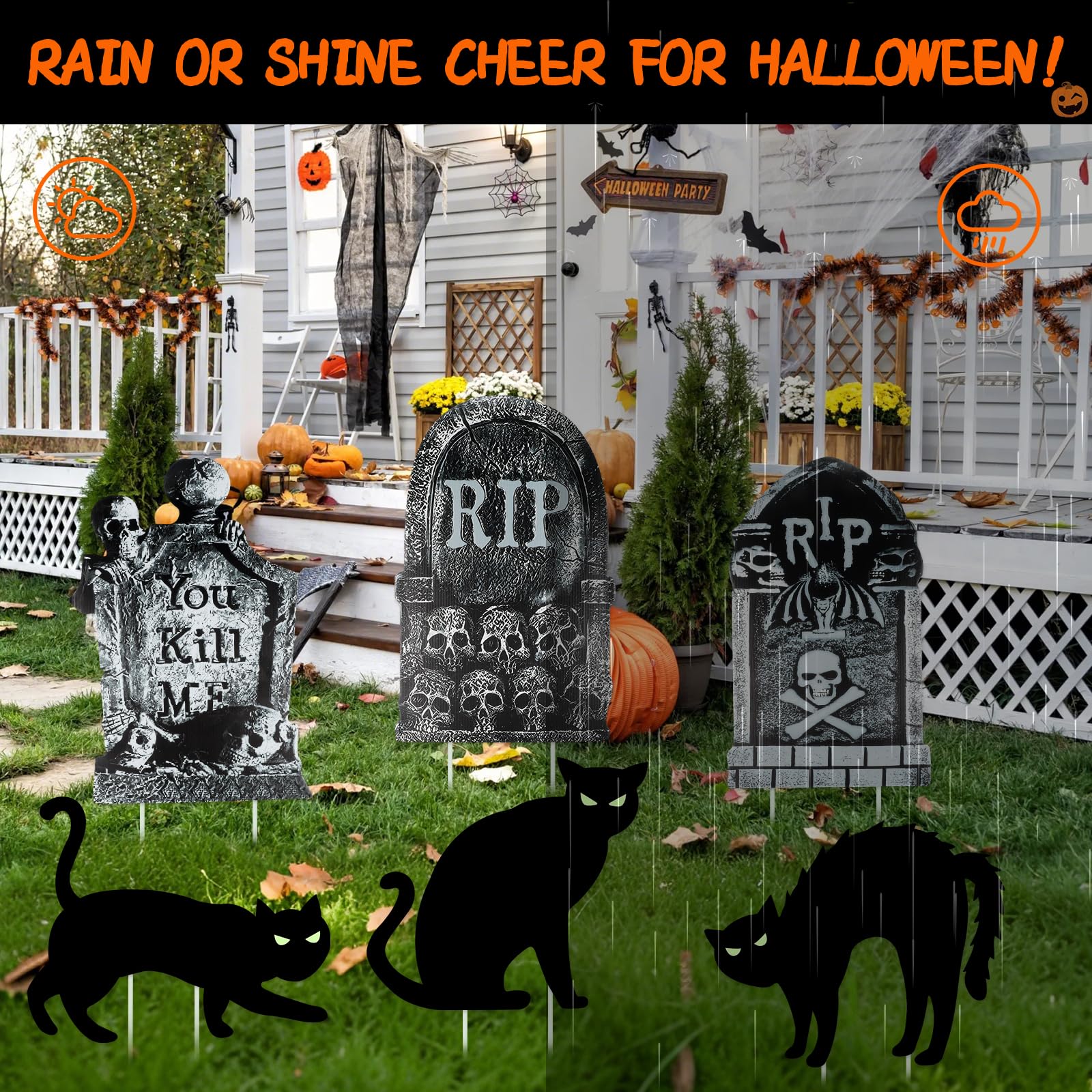 Fanggu 3 Piezas de Lápidas de Halloween RIP y 3 Piezas de Adornos Luminosos con Forma de Gato Negro Adornos Terroríficos de Lápidas de Halloween Waterproof Outdoor Garden Decorations