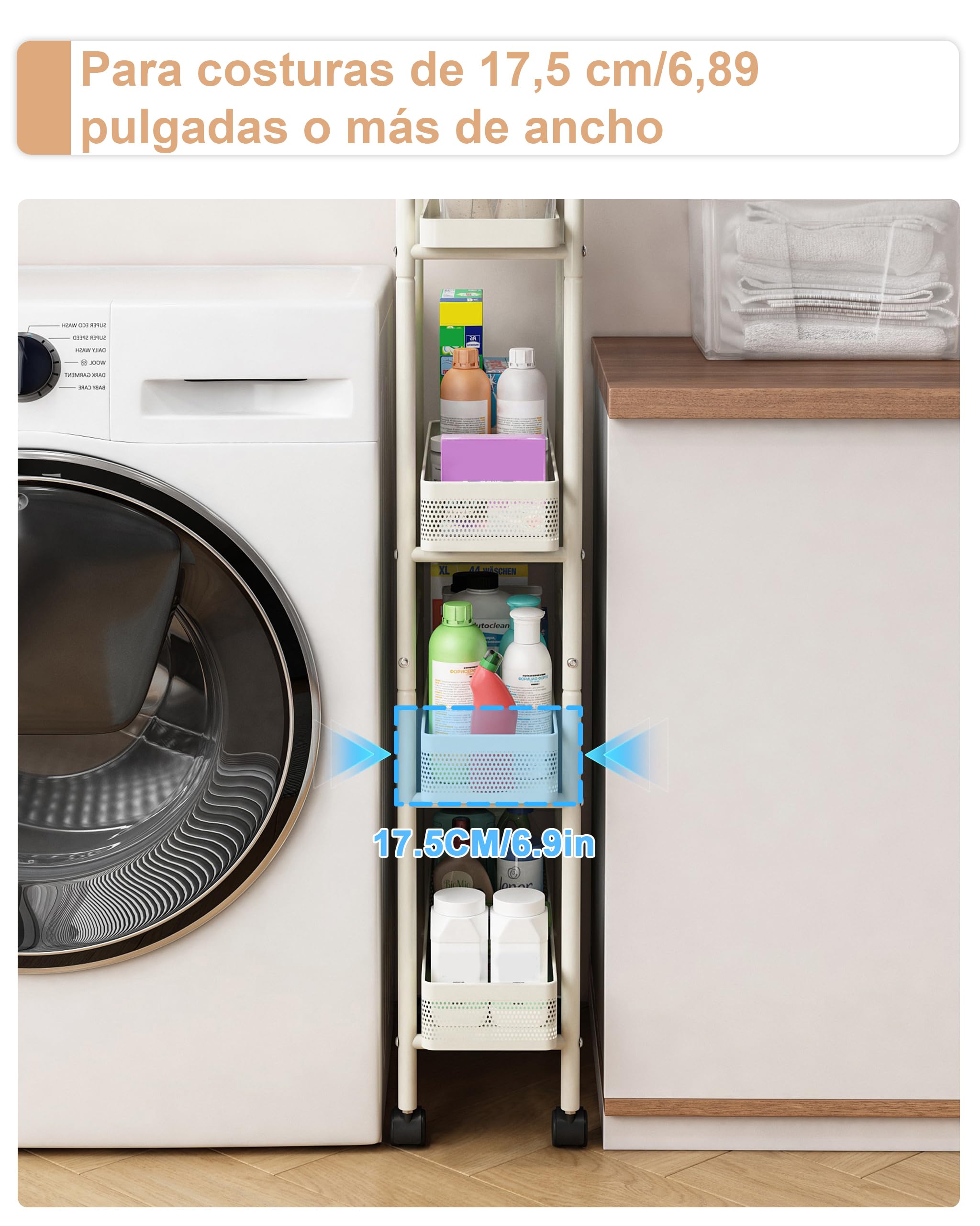 UMDONX Carrito Cocina Estrecho de Metal,Carrito Auxiliar con Ruedas con Cajones Extraíbles, Carrito de Servicio de 4 Niveles para Espacios Pequeños Baño Lavadero, Blanco