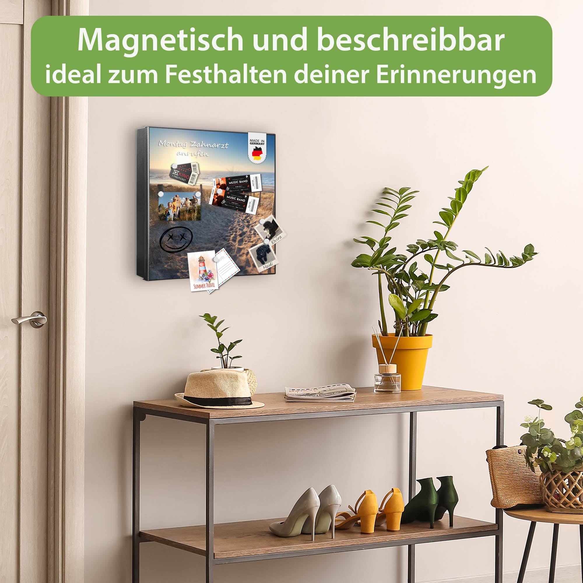 banjado Großer Schlüsselkasten Metall - Schlüsselbox 30x30cm beschreibbarer mit 32 Haken - Schlüsselkasten modern für Schlüsselaufbewahrung - Korpus Schwarz Scharnier Links - Motiv Nordseestrand