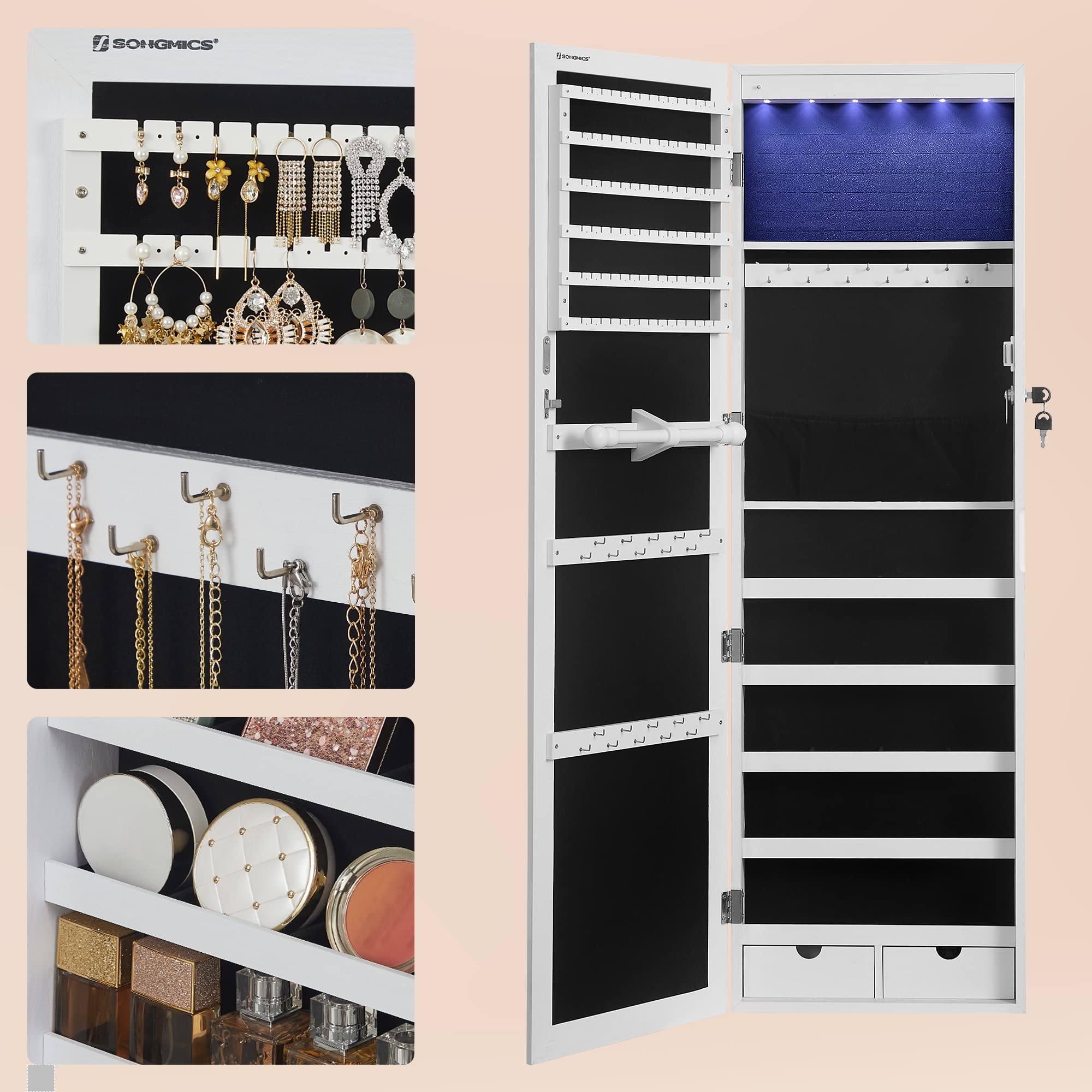 SONGMICS Schmuckschrank hängend, Wandspiegel, 6 LED-Glühbirnen, abschließbarer Spiegelschrank, Wandschrank, Wandmontage, an der Tür hängend, weihnachten, weiß mit Holzmaserung JBC93W