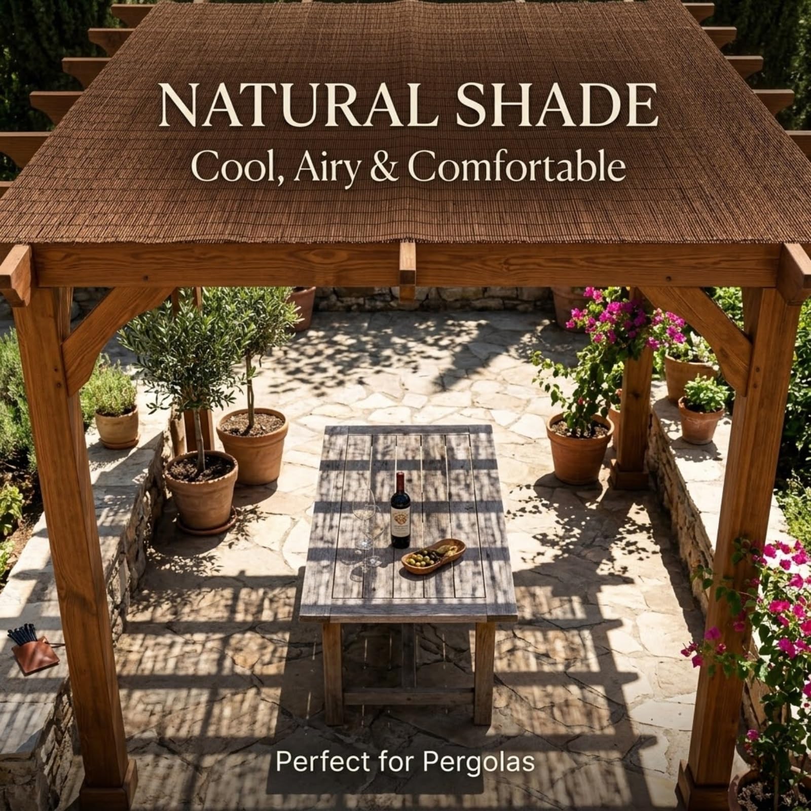 Cañizo Natural para Jardín, Rollo de Valla de Caña para Ocultación y Privacidad, Estera de Cañizo con Bridas, Pantalla de Protección Visual para Balcón, Terraza y Patio(Natural,91x366cm(3x12ft))