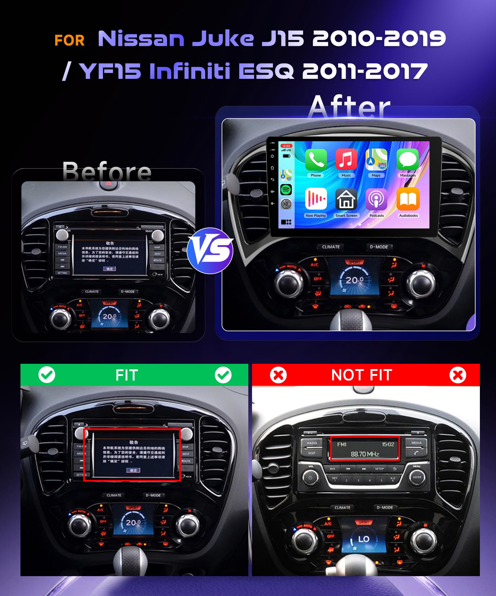 6G 128G VECHTEL 9" Autoradio Bluetooth per Nissan Juke J15 2010-2019/ YF15 Infiniti ESQ 2011-2017 Carplay Android Auto,DSP EQ,Wifi GPS Navi,RDS/FM Radio 2 din con Retrocamera AHD