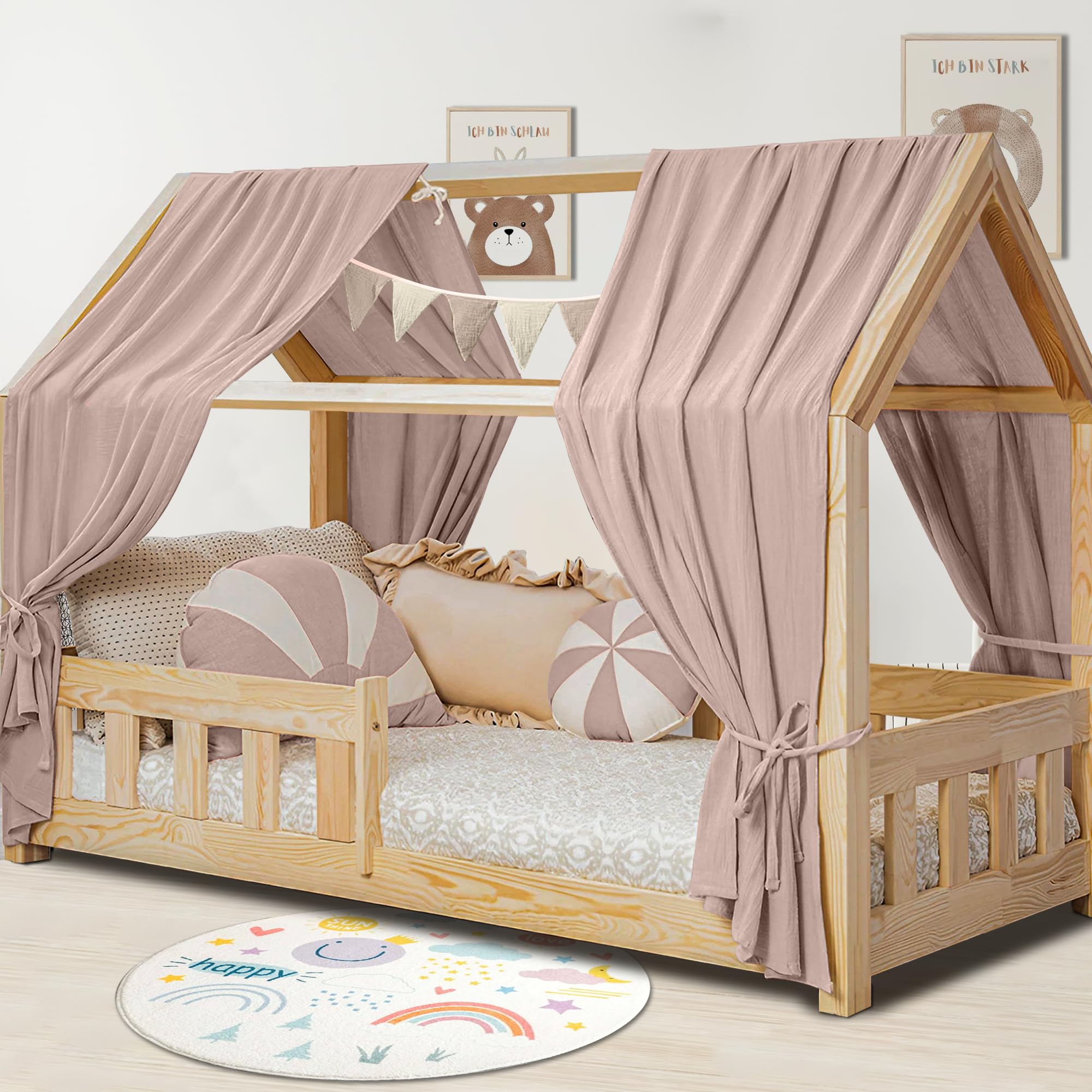 Hausbett Himmel Deko Set, Betthimmel Hausbett aus Musselin - 2 Betthimmel & 1 Wimpelkette, für Jungen Mädchen Deko für Kinderzimmer, Baldachin Kinderzimmer Deko I 135 x 270cm Beigerosa