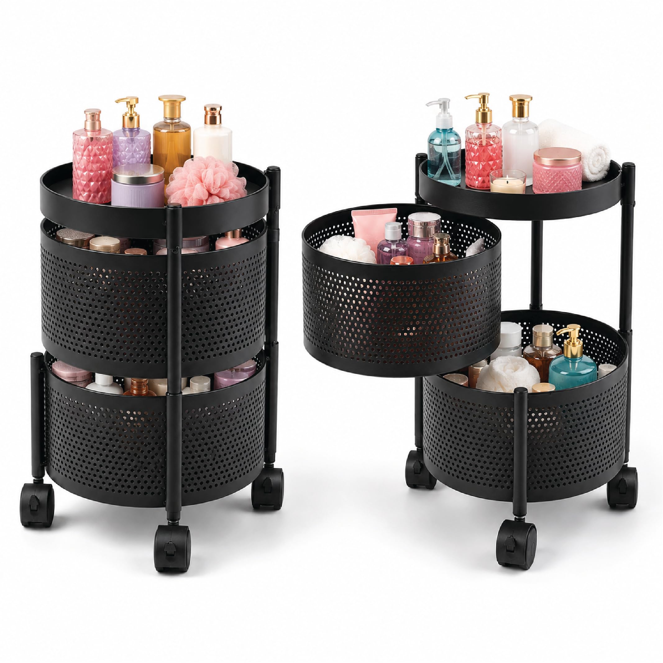 360° Revolving Portable Kitchen Trolley with Wheels | 2-Layer Round Multipurpose Organizer Rack | Fruits, Vegetables, Snacks Storage Rack (Black)-image-47
