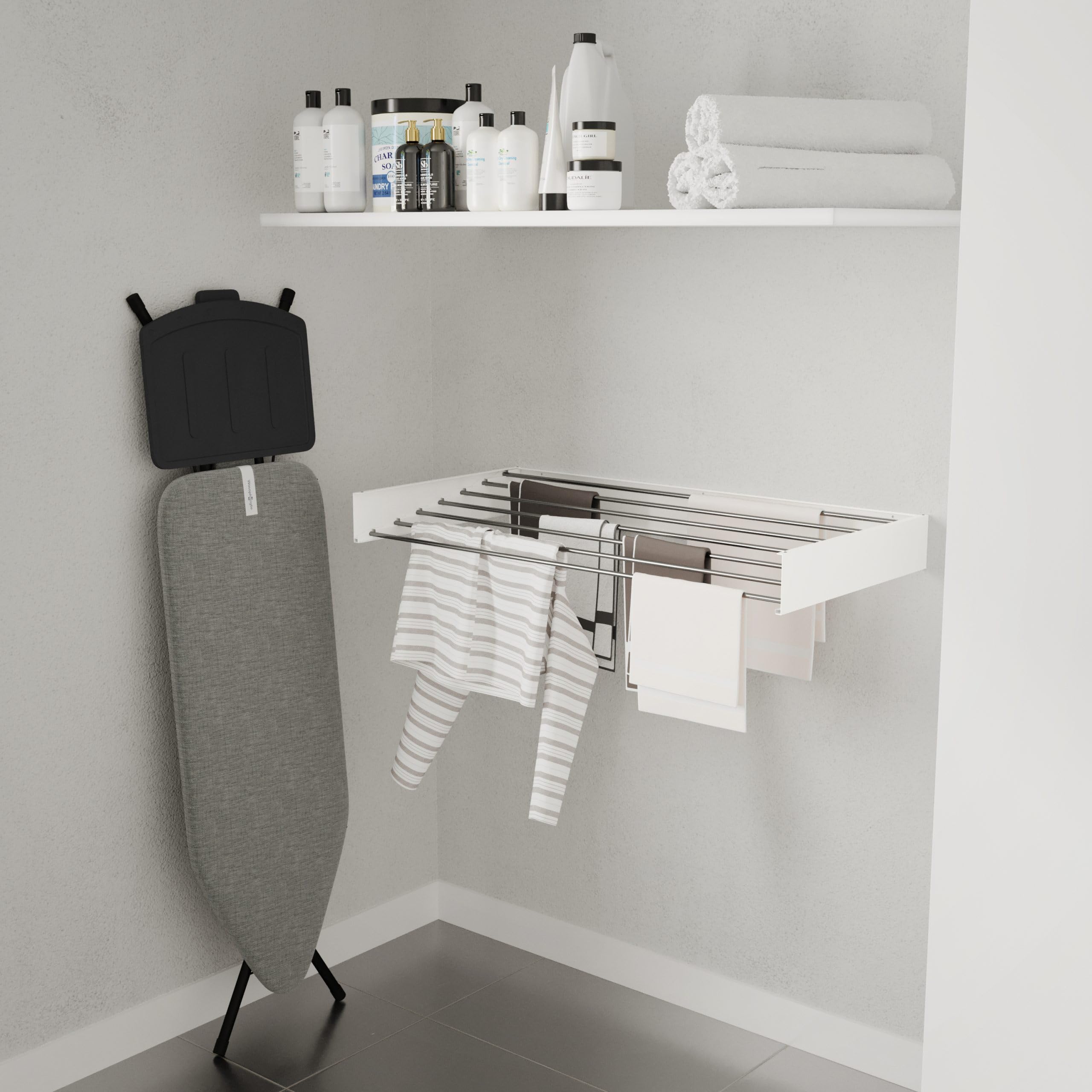 Wäscheständer Ausziehbar - Wandmontage, 8,4m Trockenlänge, Klappbarer Wäschetrockner 120cm, Weiß, Robust & Platzsparend, Ideal für Innen- und Außenbereich