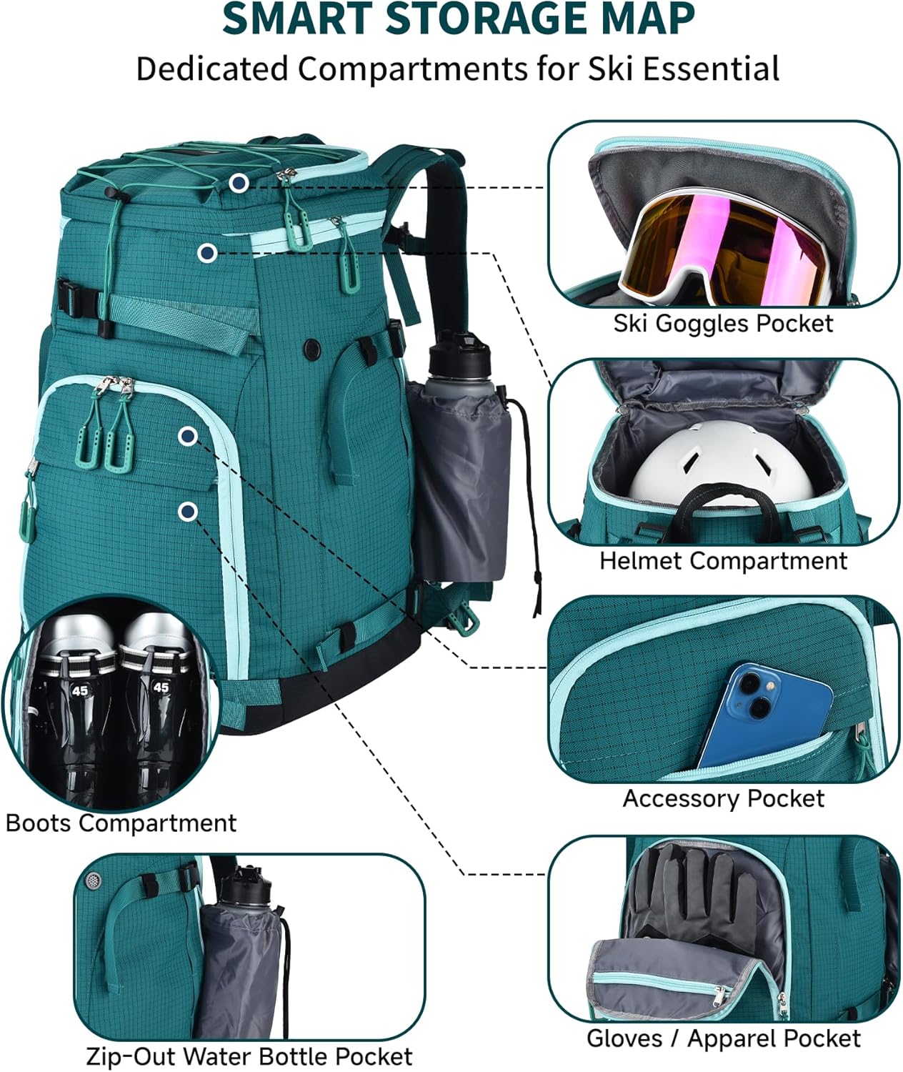 55L-70L Expandable Ski Boot Bag – Waterproof, Durable with Helmet Compartment – Ideal for Ski & Snowboard Gear – Men & Women