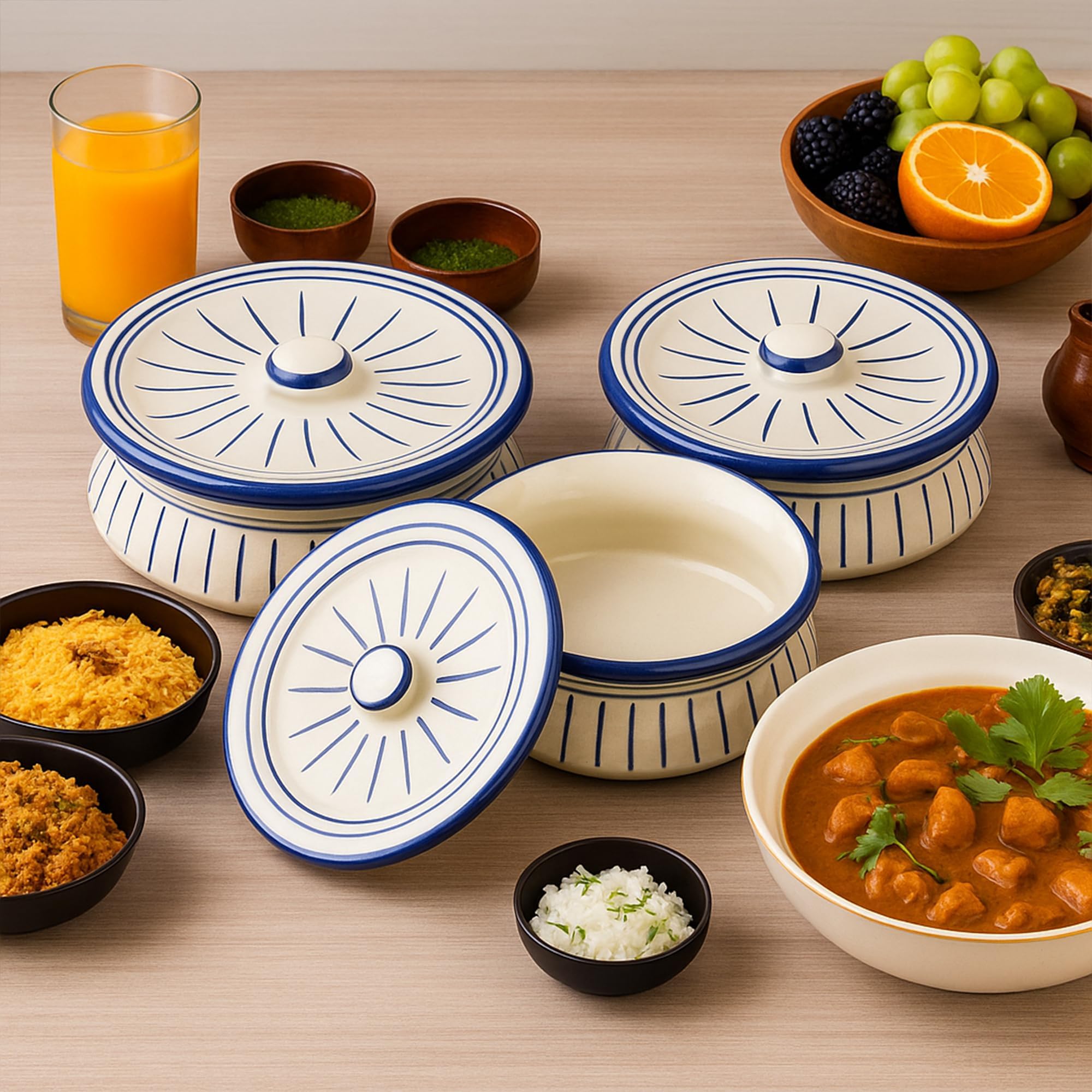 Ceramic Biryani Handi Set with lid, Blue White Handpainted Rice Pot for Serving dal, Curry |Set of 3 | 1250 ML, 900 ML, 600 ML (Microwave Safe), Best for Gifting, Gift for mom