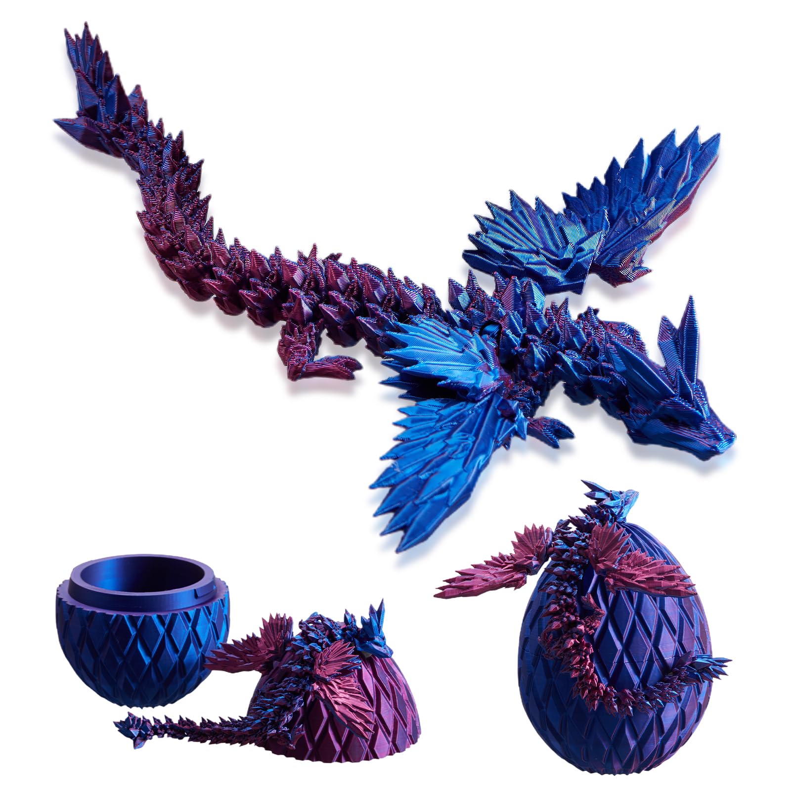 3D Printed Dragon Eggs With Dragon Inside, Flexible Articulated Wings, Fidget Toys, Easter Basket Stuffers, Home Office Desk Decor - Laser Purple