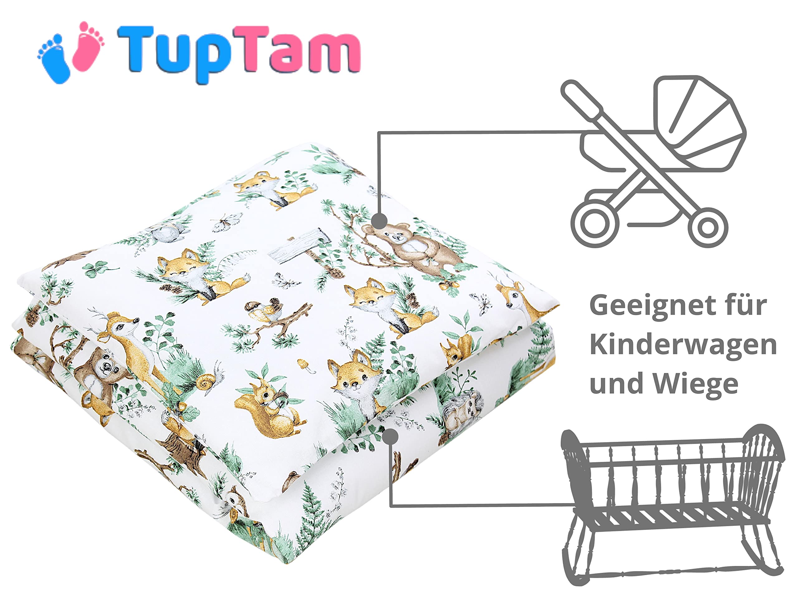 TupTam Biancheria da Letto per Carrozzina e Culla da 4 pezzi, Animali in foglie, 80x80 cm