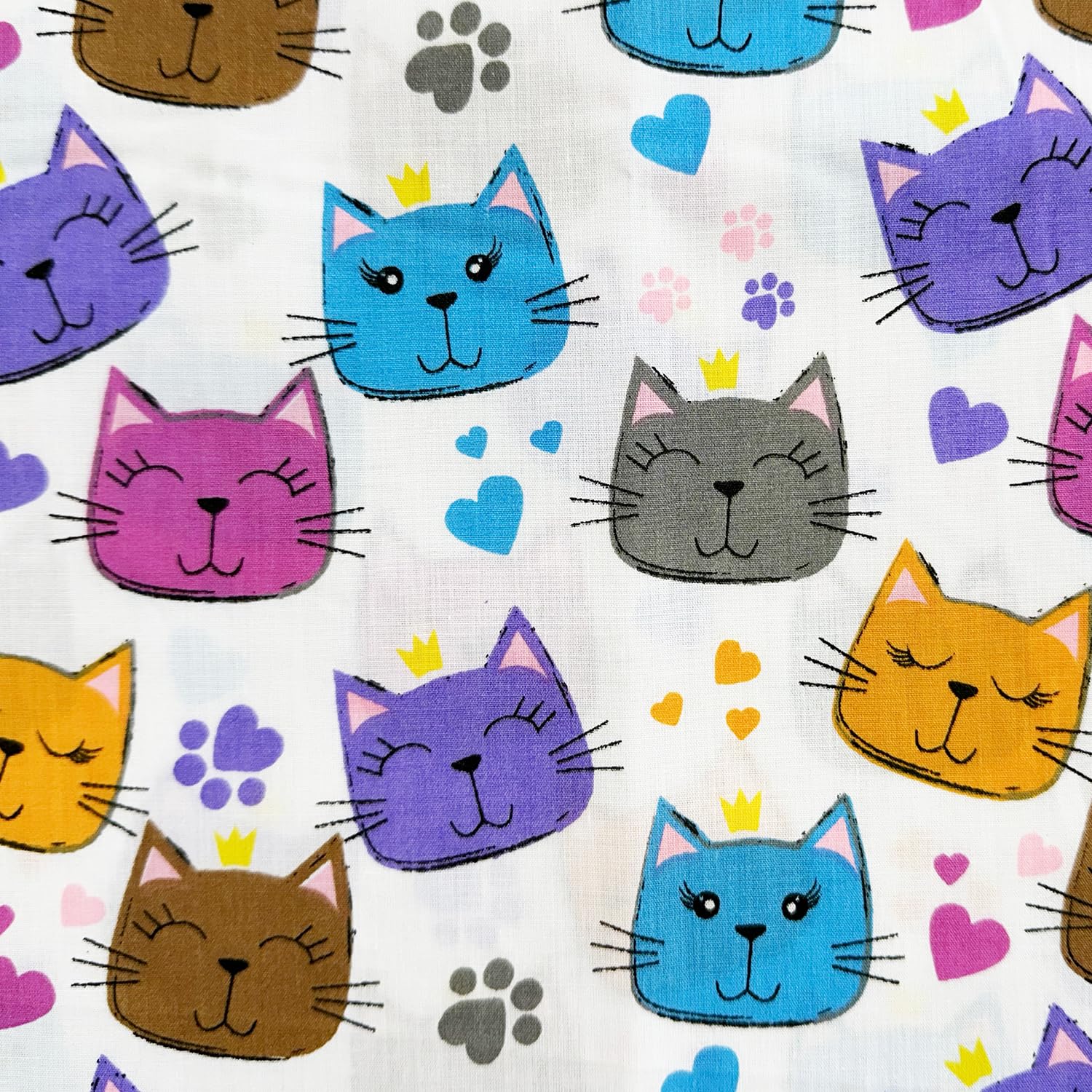 Glamour Secrets Orange/Purple/White Polycotton Fabric - Cute Bright Multi Colour Happy Cat Faces - Craft Fabric Material Metre